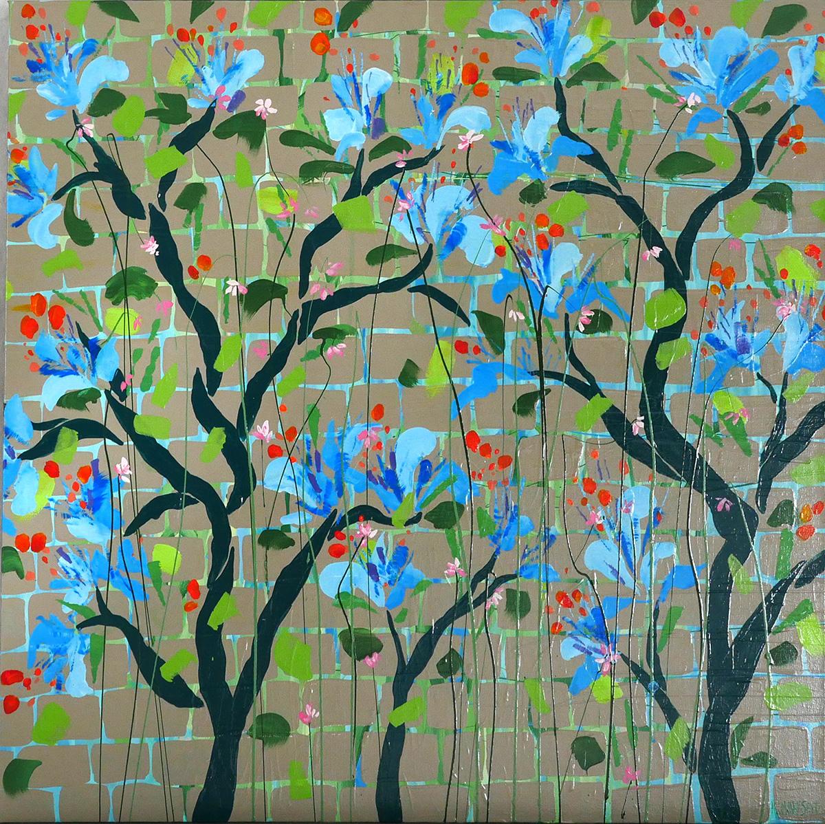 Karin Lowney-Seed Abstract Painting – Wandblumen (Blau auf Natur), Gemälde, Acryl auf Leinwand