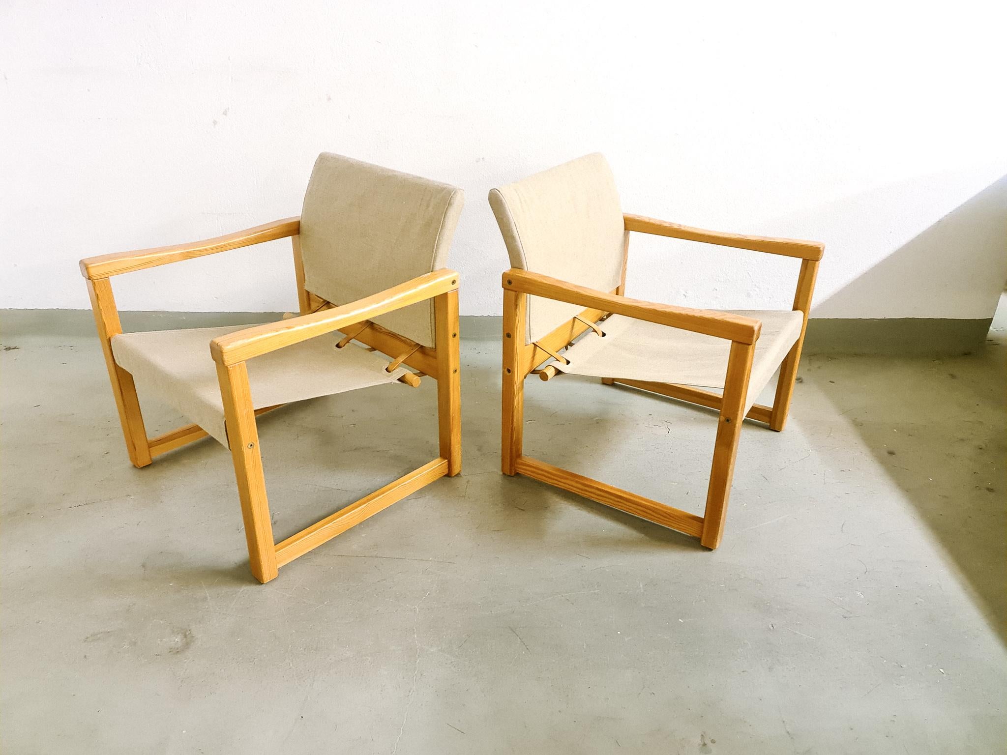 Armchairs model Diana designed by Karin Mobring, 1974. Produced by Ikea in Sweden.
These ones are sold as a pair. The frame is made in lacquered pine, and the upholstery is made in new quality Swedish linen. 

Good / fair vintage condition. Great