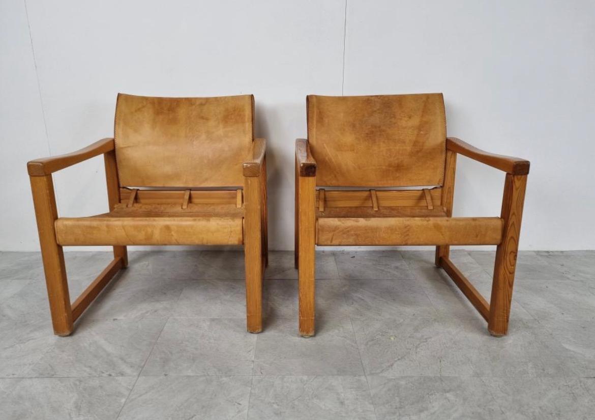 Beautiful and patinated leather safari lounge chairs by Karin Mobring from Sweden 1970s. This Ikea Classic Vintage Lounge chair was designed in 1972 by Karin Mobring. The Diana Safari chair has been known as such a classic staple piece for design