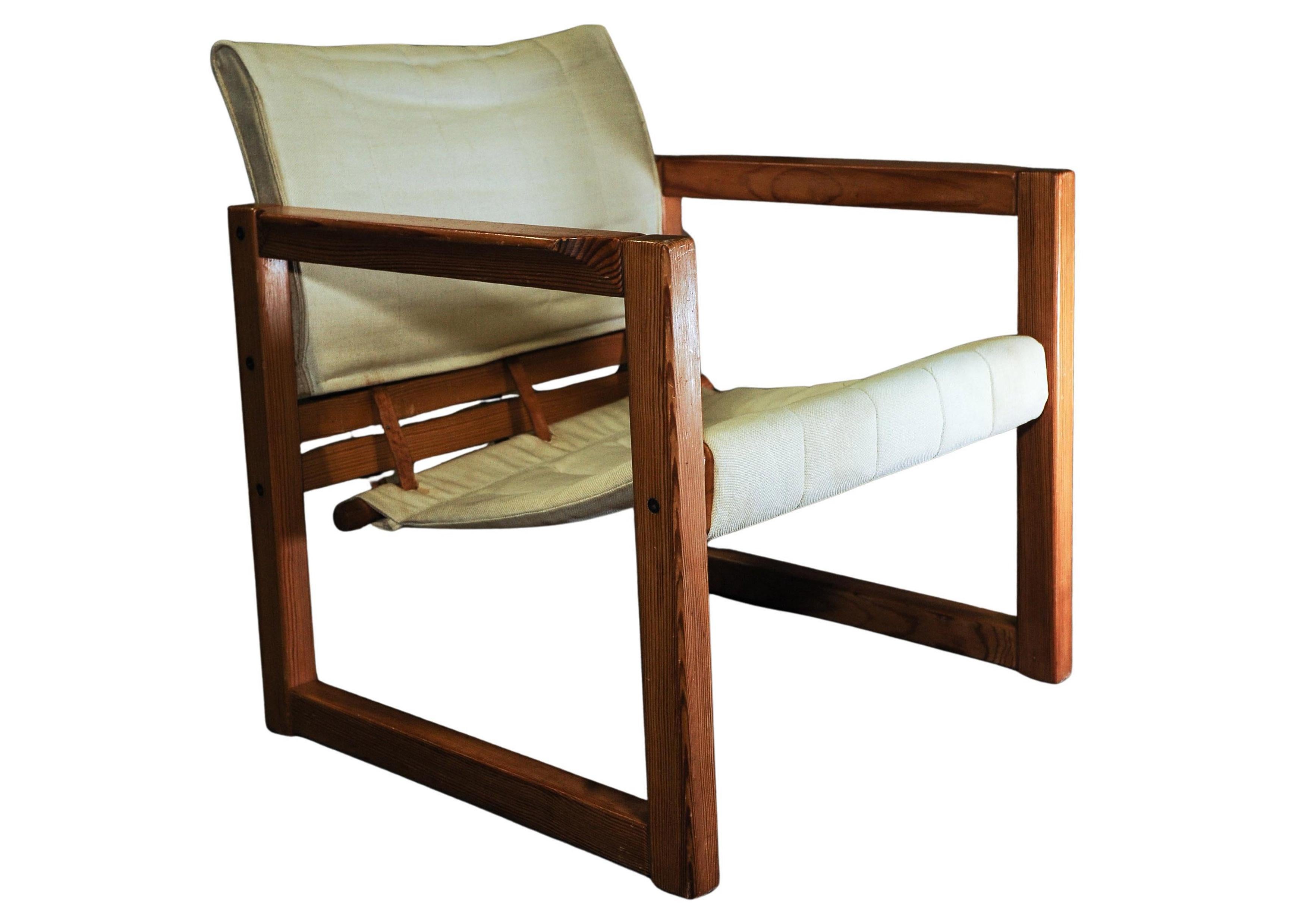 Pin Karin Mobring fauteuil Safari emblématique en pin avec assise en toile et sangles en cuir en vente