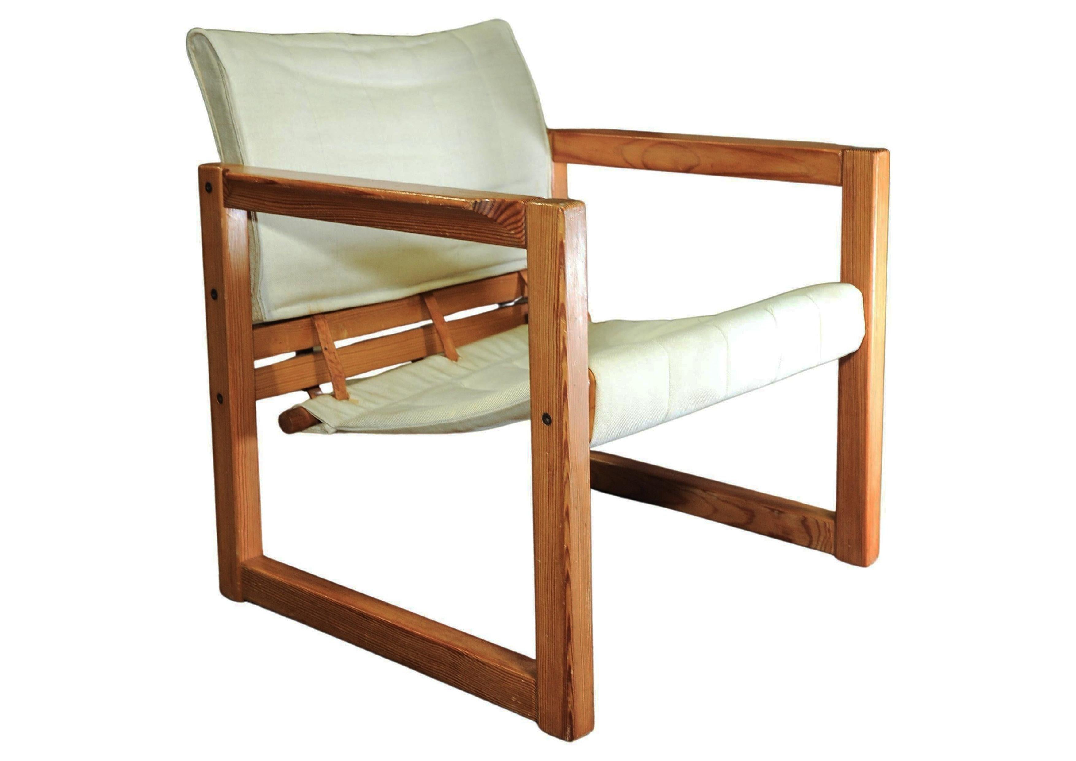 Scandinave moderne Karin Mobring fauteuil Safari emblématique en pin avec assise en toile et sangles en cuir en vente