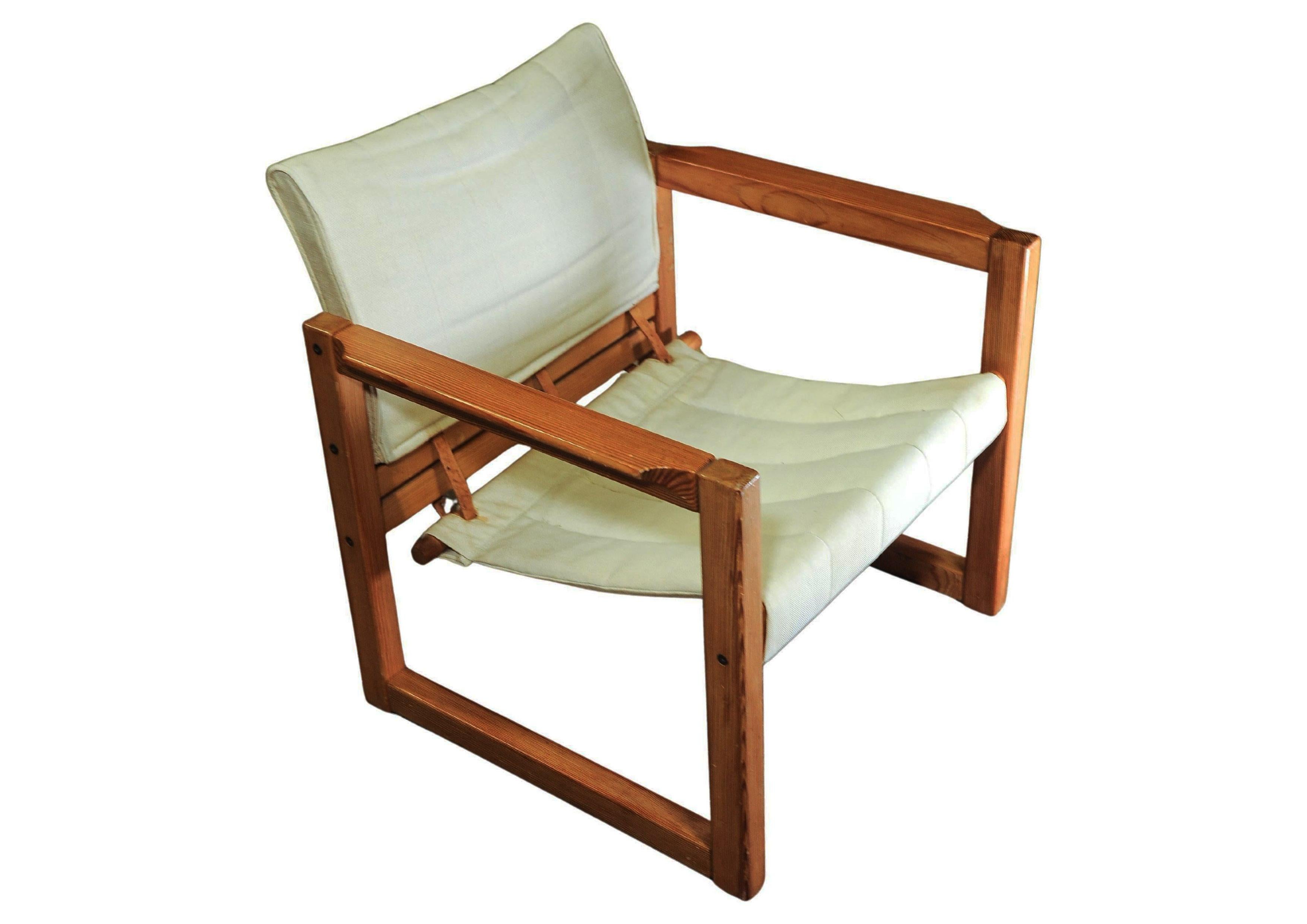 Suédois Karin Mobring fauteuil Safari emblématique en pin avec assise en toile et sangles en cuir en vente