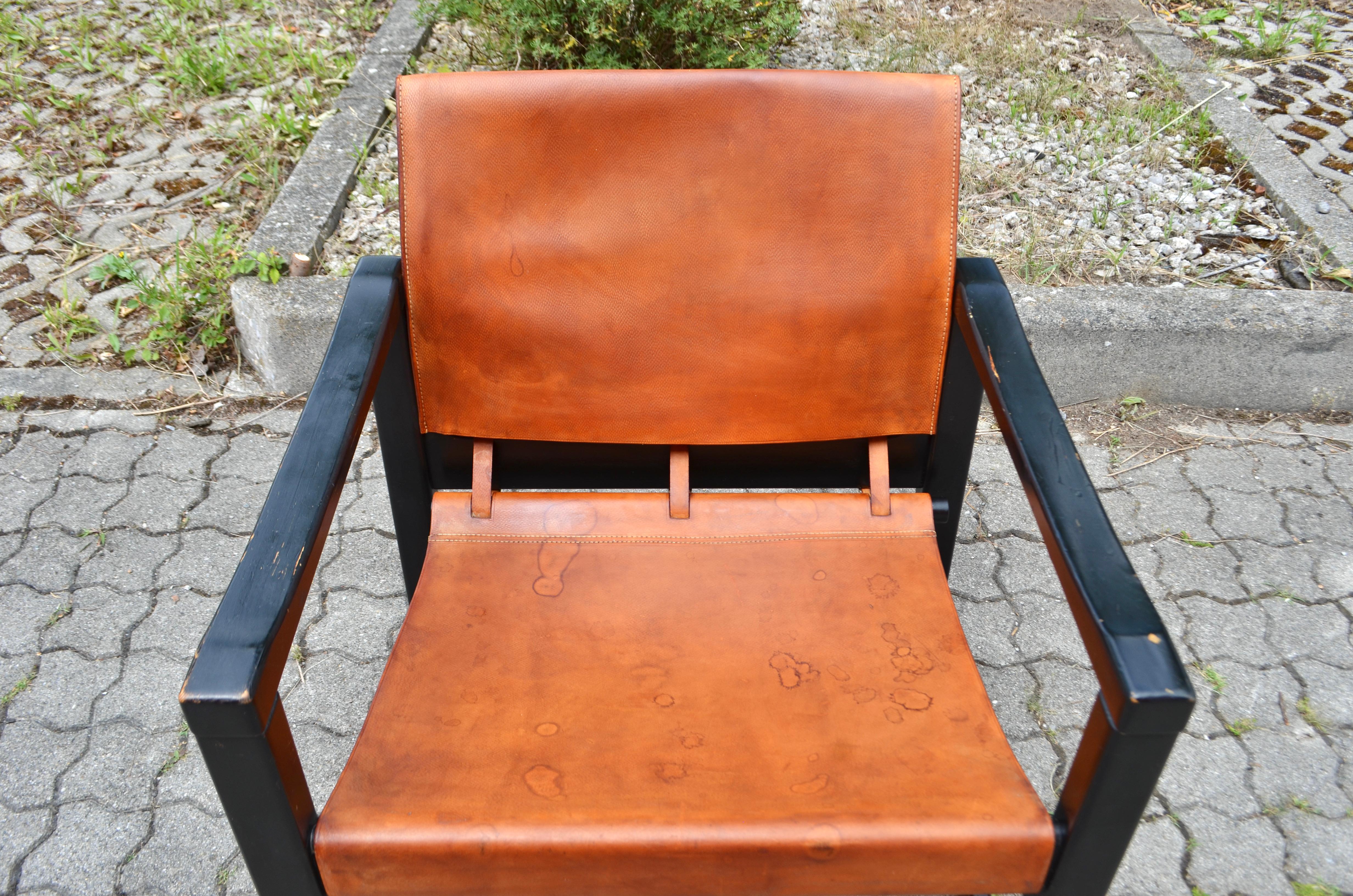 Mid-Century Modern Karin Mobring Model Diana Cognac Sling Lounge Chair Vintage Ikea Black Frame For Sale