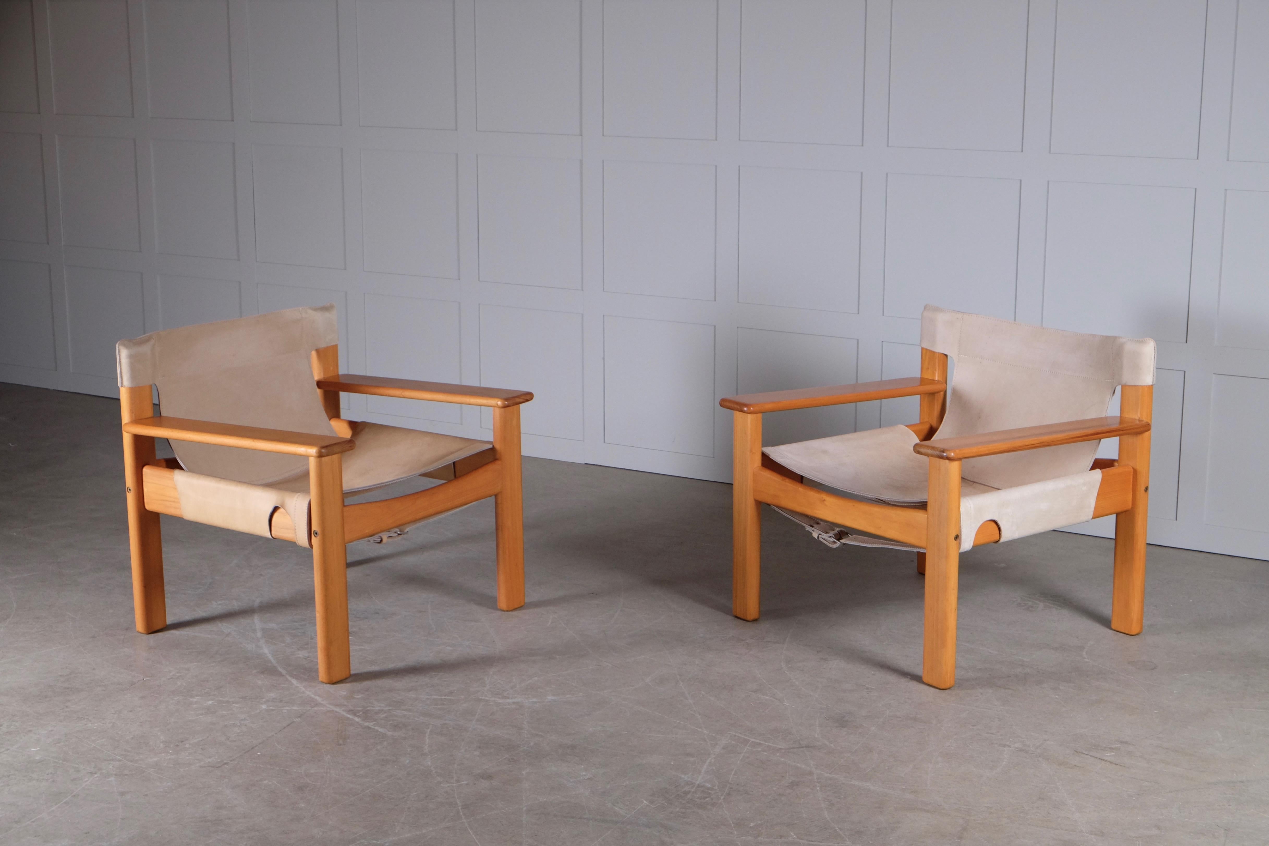 Great pair of armchairs by Karin Mobring, 1970s. Leather and elm wood. 
  
