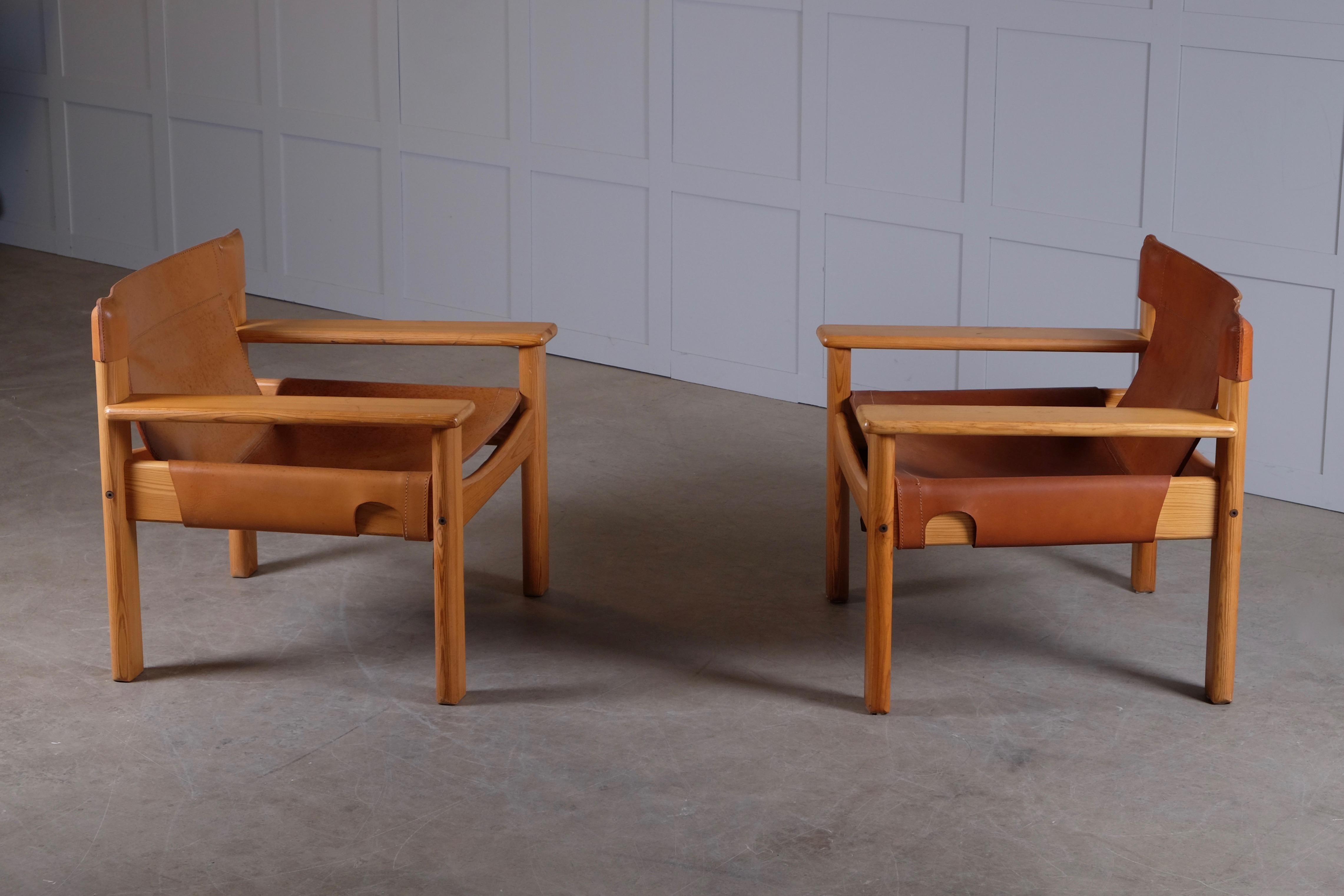 Great pair of armchairs by Karin Mobring, 1970s. Leather and pine wood. 
Slight color differences.
  