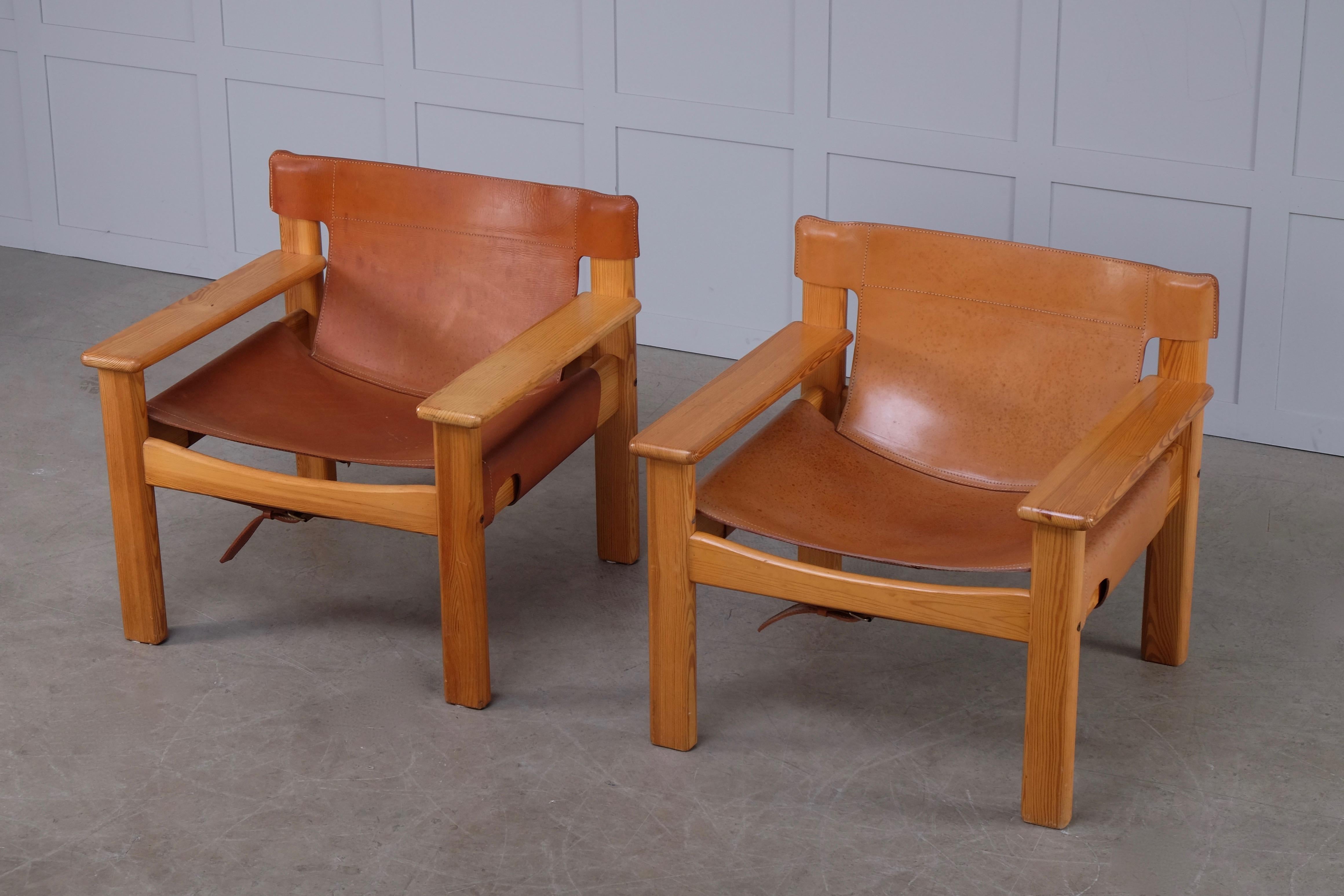 Great pair of armchairs by Karin Mobring, 1970s. Leather and pine wood. 
Slight color differences.
 