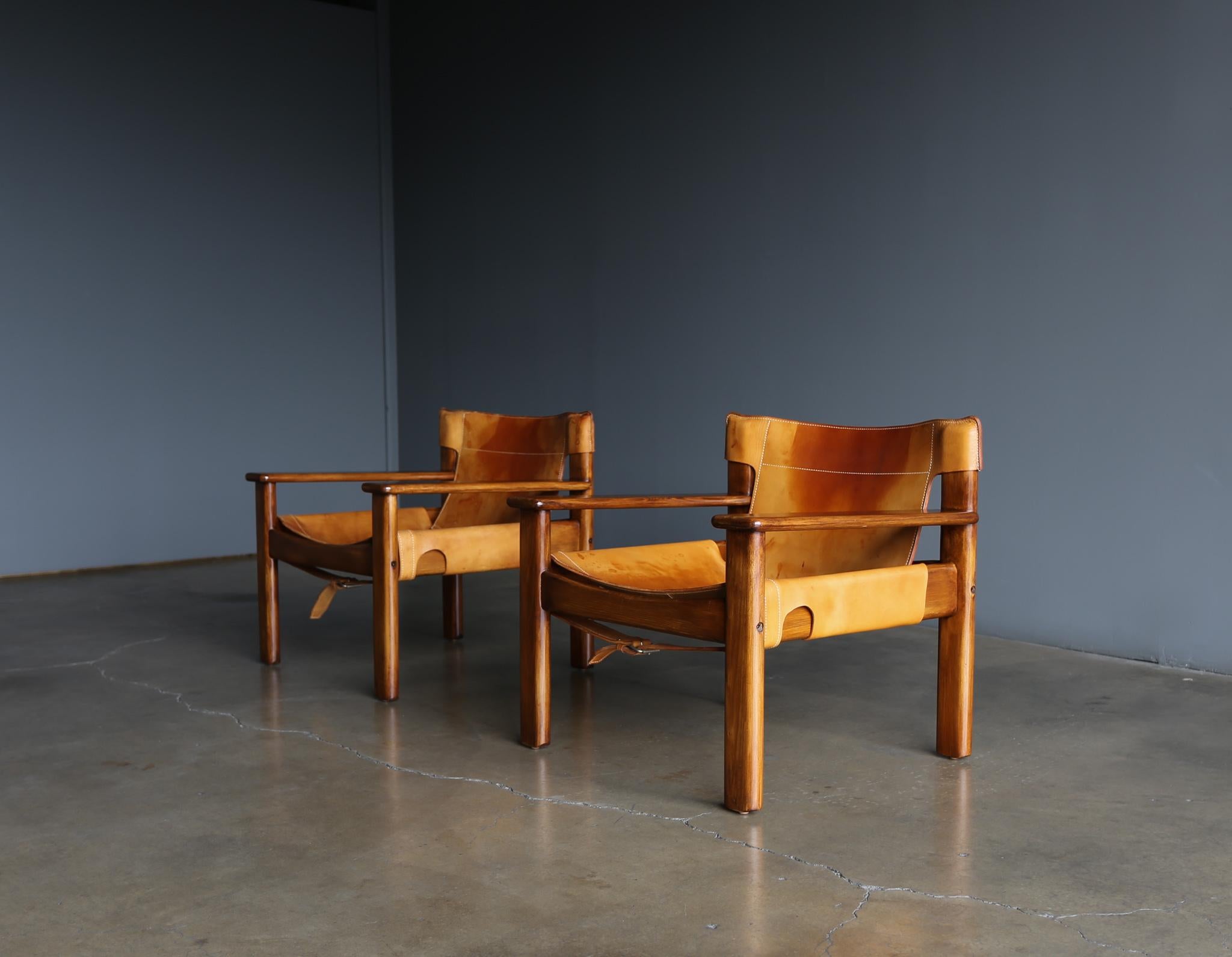 Karin Mobring 'Natura' Saddle Leather & Pine Lounge Chairs for IKEA, circa 1970.  