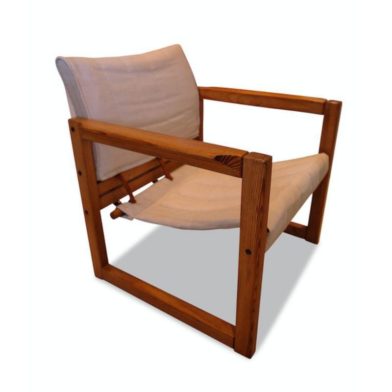 British Colonial Karin Mobring Pine Safari Armchair with Canvas Seat & Leather Straps For Sale