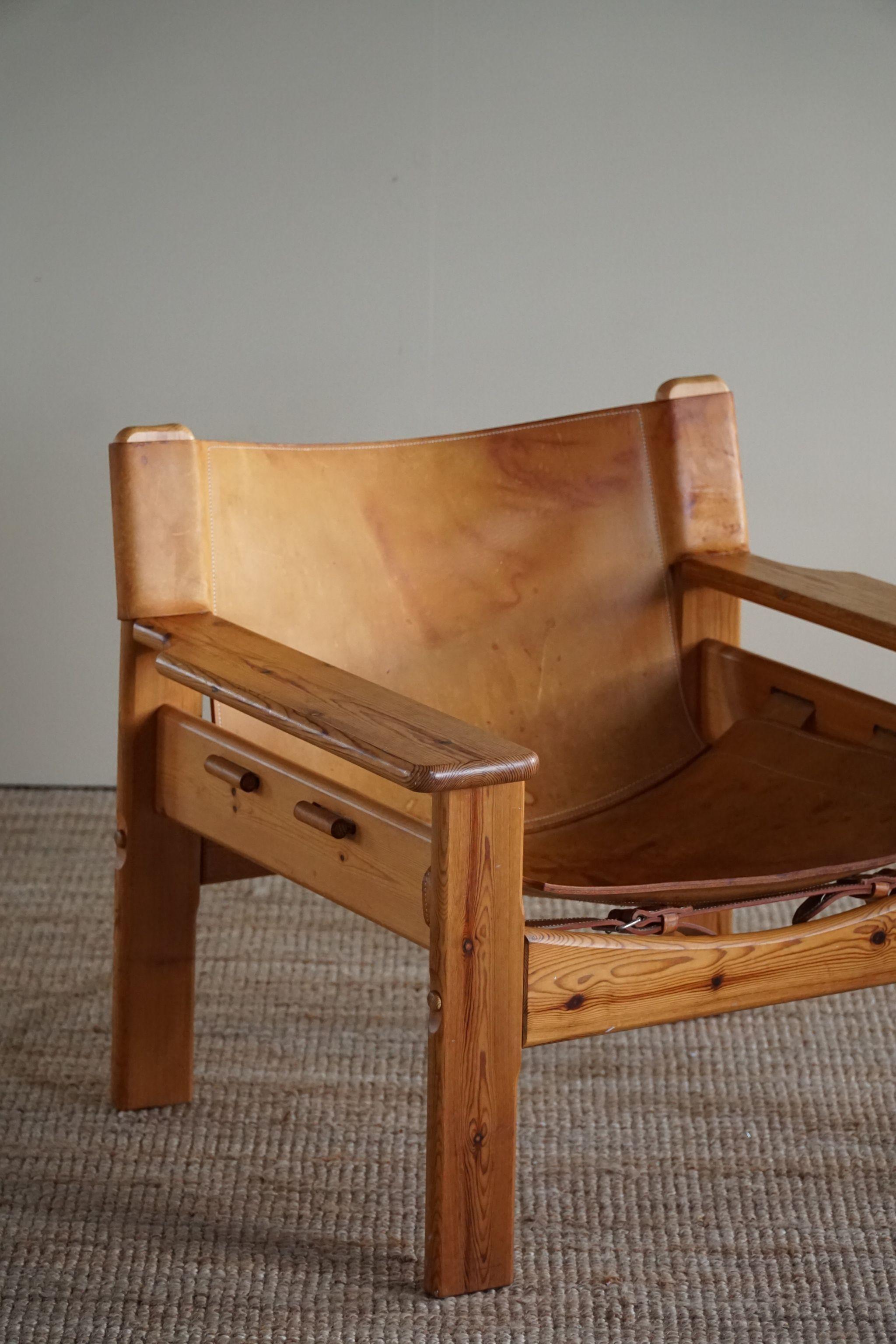 Swedish Karin Mobring Style Easy Chair in Pine & Leather, Made in Sweden, 1970s