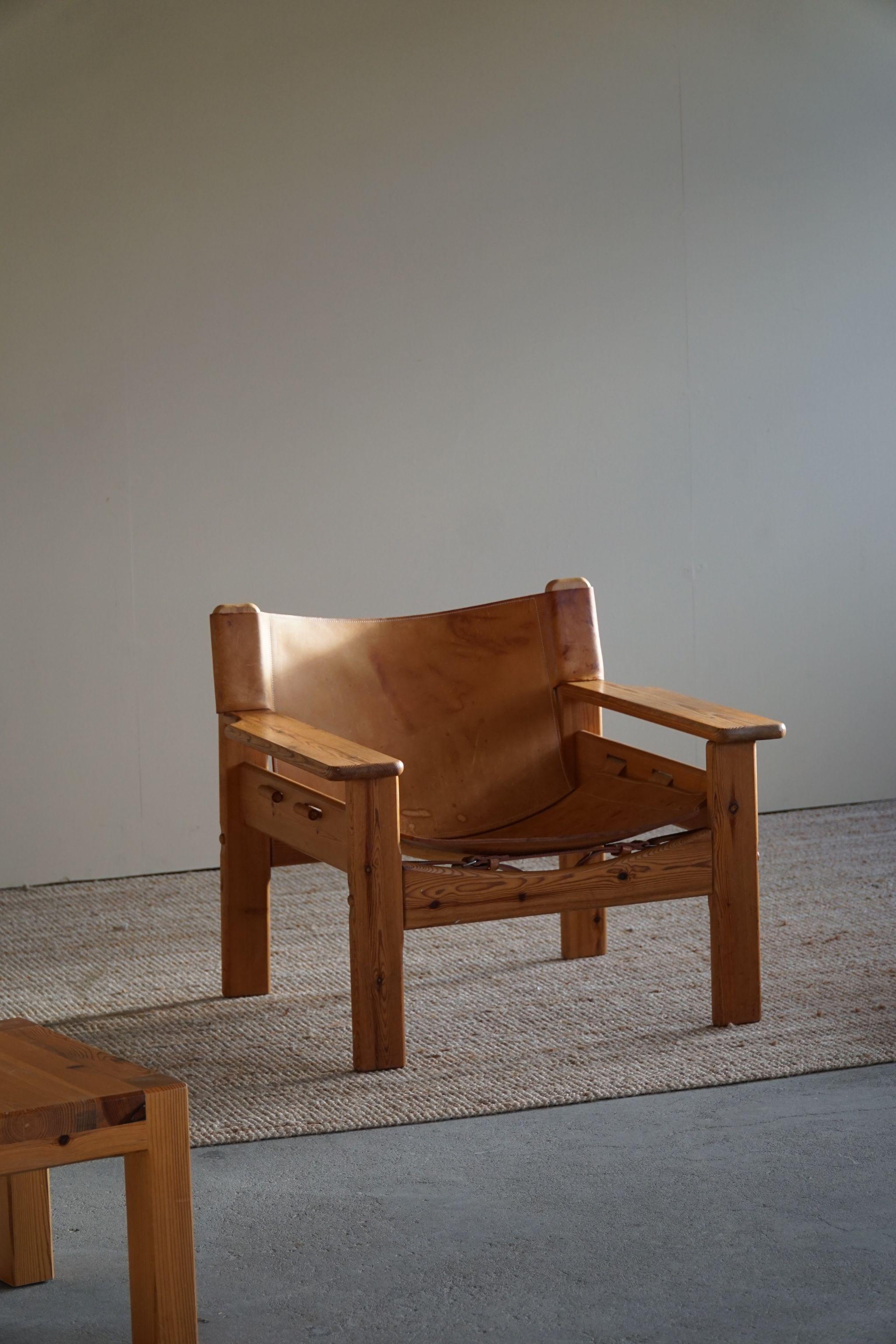 20th Century Karin Mobring Style Easy Chair in Pine & Leather, Made in Sweden, 1970s
