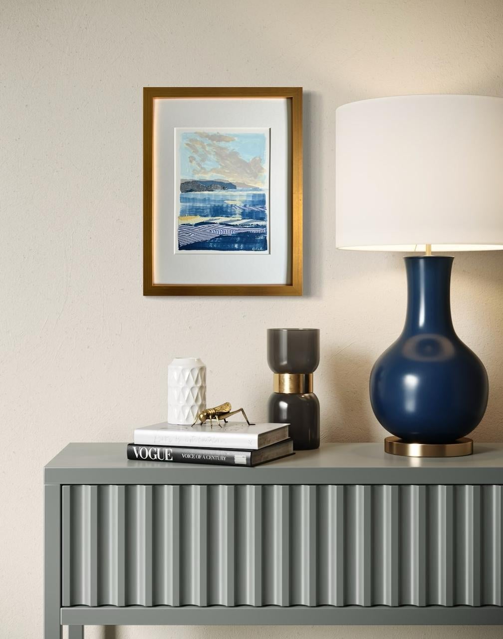 This contemporary abstract painting by Karin Olah, titled Chambray Surf 8, is a striking seascape collage created with acrylic and hand-dyed textiles on paper. Waves of indigo, cobalt, and chambray blues are layered with textured fabric