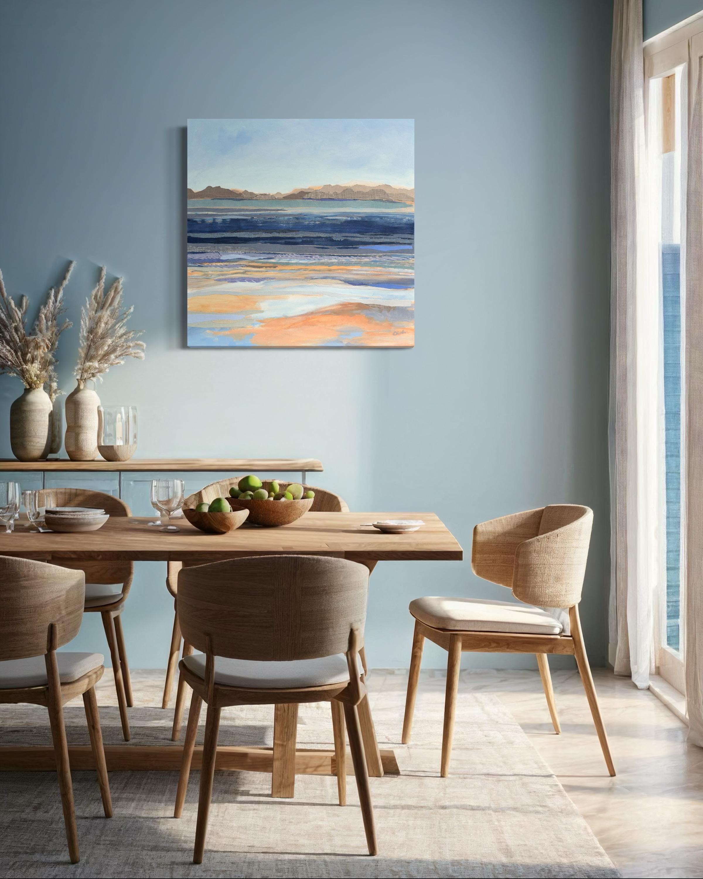 This contemporary abstract painting by Karin Olah, titled Coast Lines 1, layers hand-dyed textiles and acrylic paint to evoke a shoreline illuminated by soft morning light. Hazy mountains rise in the distance beneath a clear blue sky, while the
