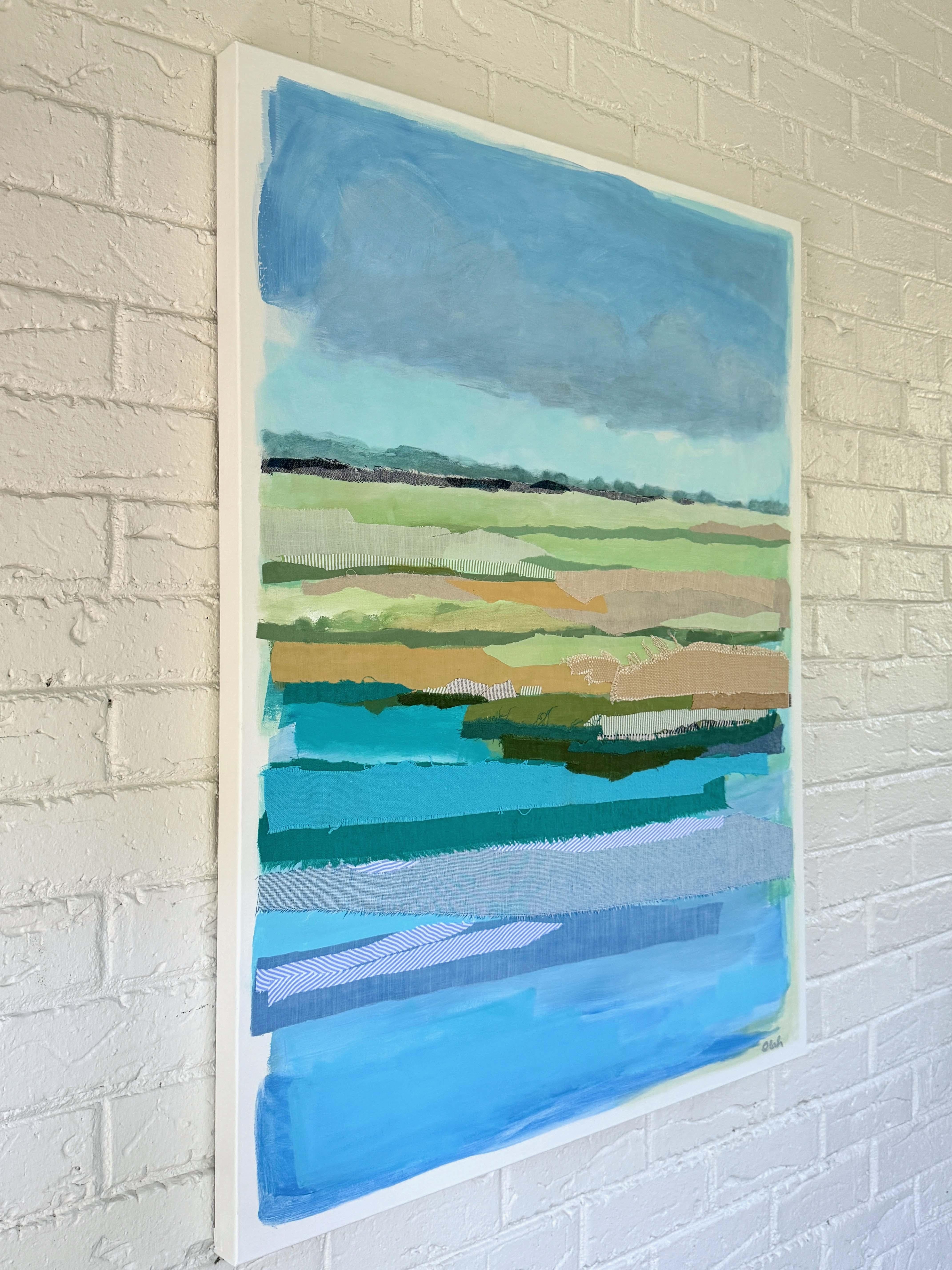Saltmarsh Moment by Karin Olah radiates coastal tranquility through a richly layered composition of hand-dyed textiles and fluid brushwork. Drawing inspiration from the shifting tides and light of saltmarsh landscapes, Olah fuses fabric collage with