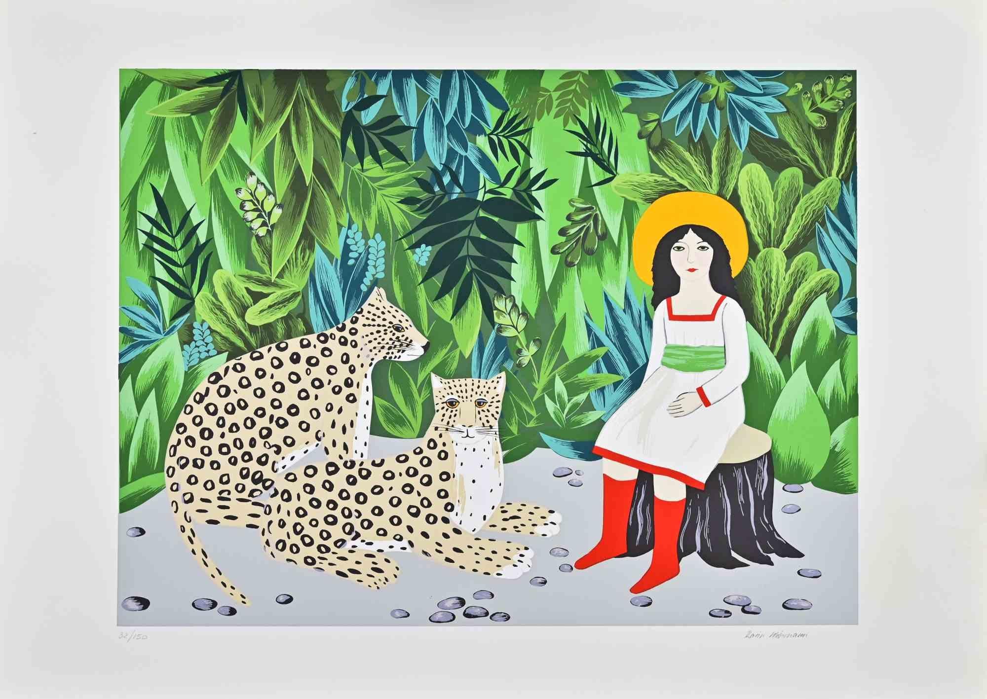 Ohne Titel (Mädchen mit Leoparden in... - Siebdruck von Karin Wiesmann - 1980er Jahre