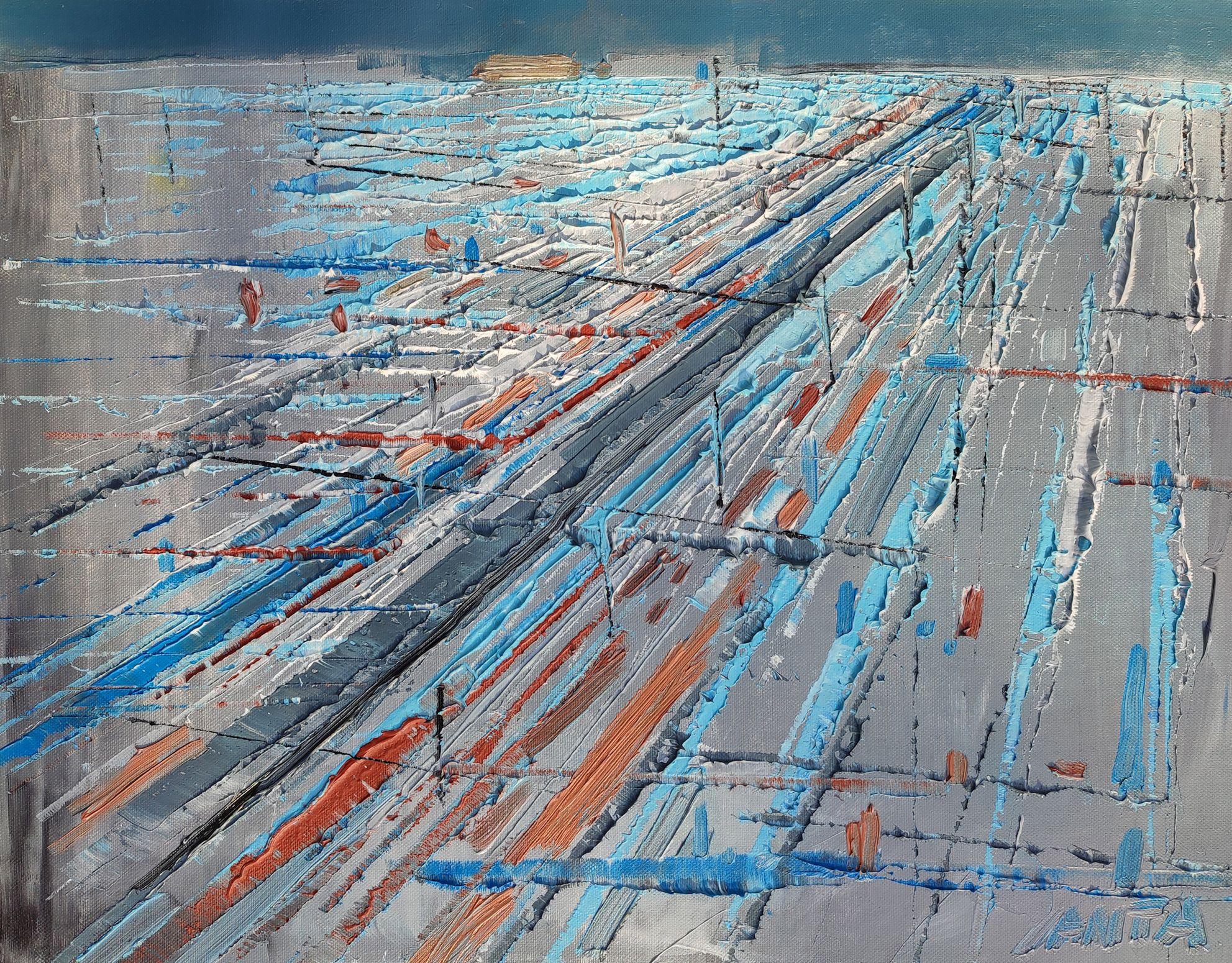 Karina Antonczak Abstract Painting - Abstract oil painting "City lines 10", Painting, Oil on Canvas