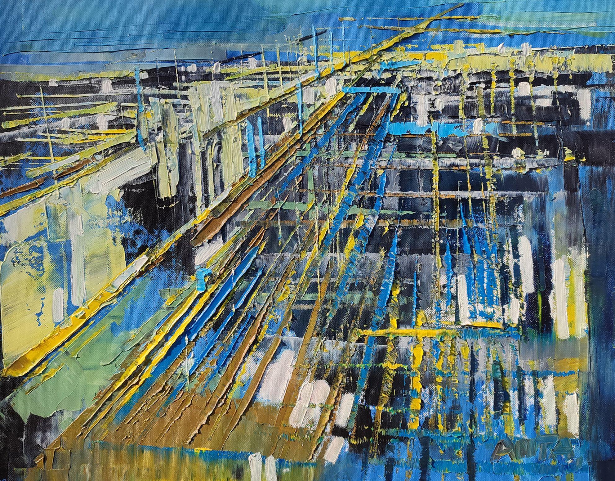 Karina Antonczak Abstract Painting - Abstract oil painting "City lines 4"., Painting, Oil on Canvas