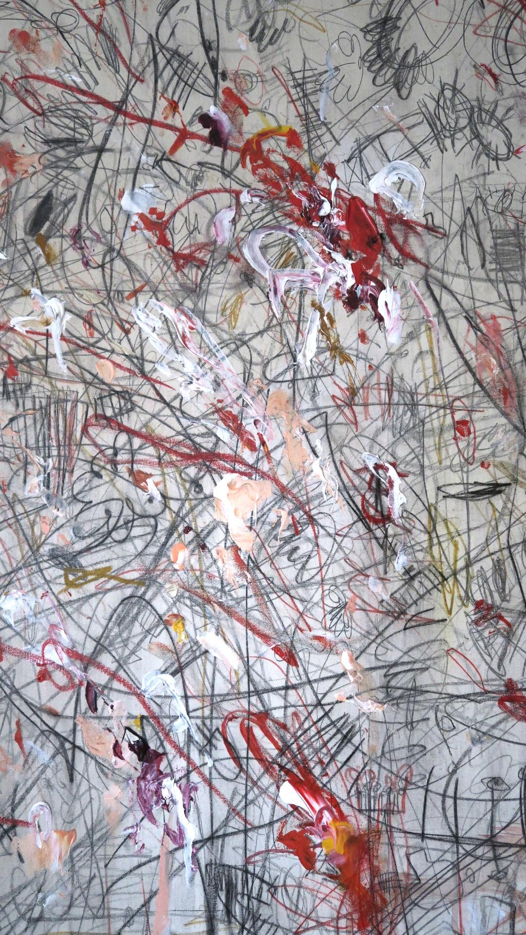Grande peinture abstraite « Gioia », acryliques, pastels d'huile et crayons 72