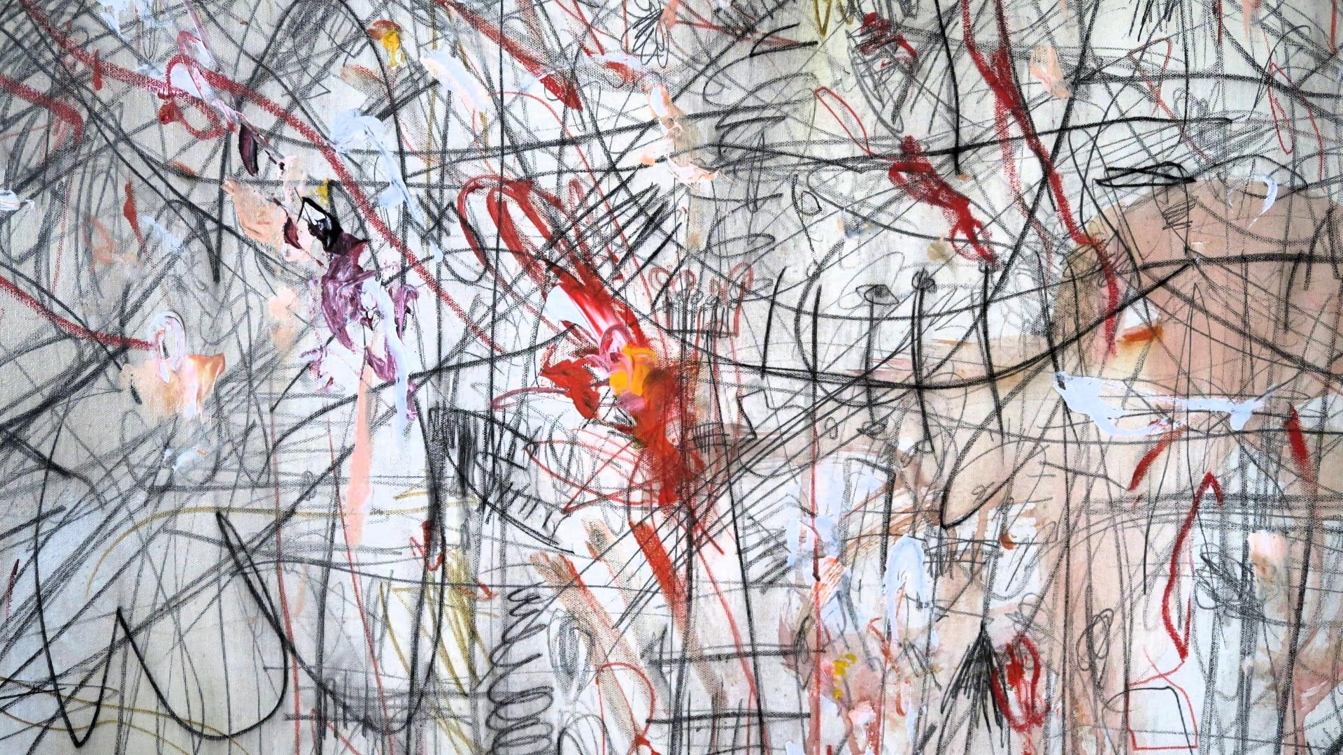 Grande peinture abstraite « Gioia », acryliques, pastels d'huile et crayons 72
