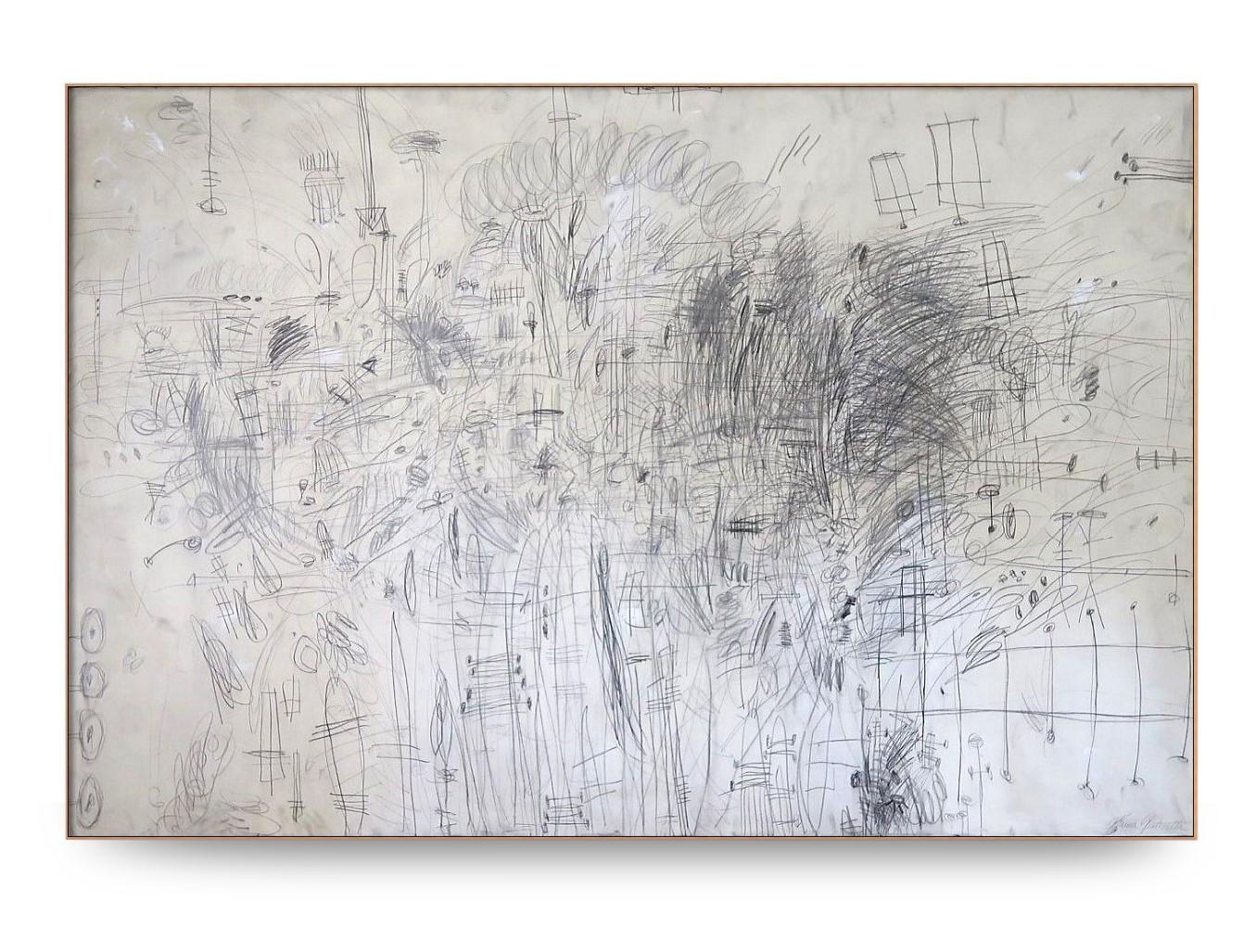 Karina Gentinetta Abstract Painting - "A Moment in Time" Oversized Acrylic, Pencils Abstract in Black and White 72x108