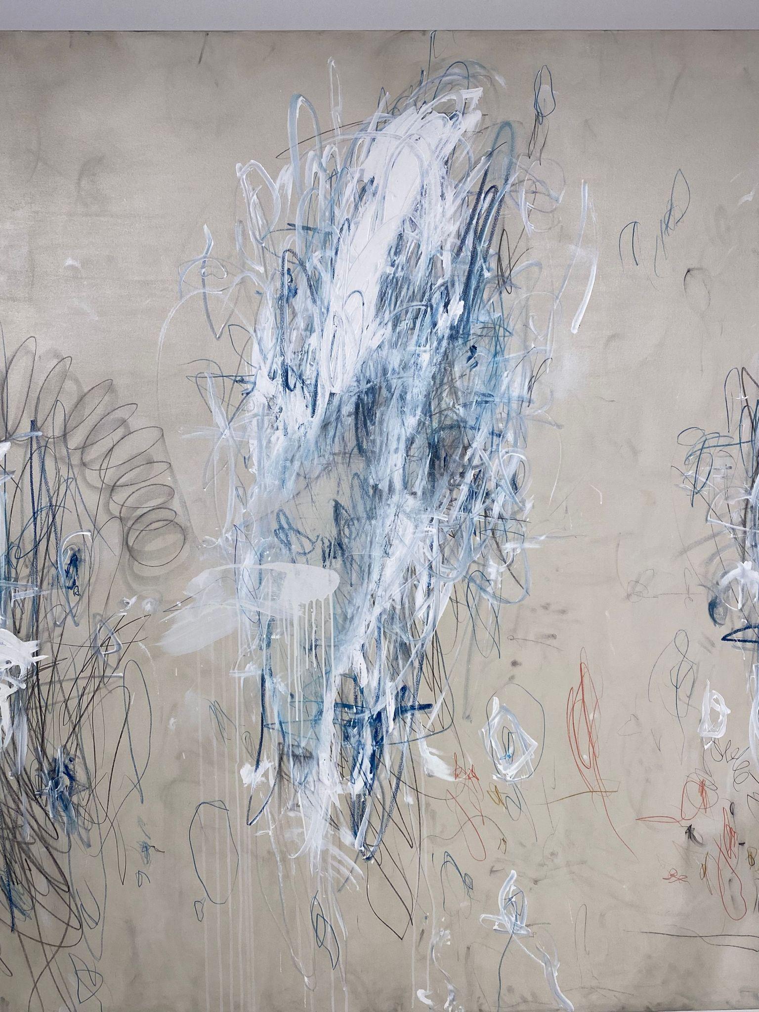 « Adagio in Blue » - Acrylique à grande échelle, pastels d'huile, crayons, bleu abstrait 72x96 en vente 8