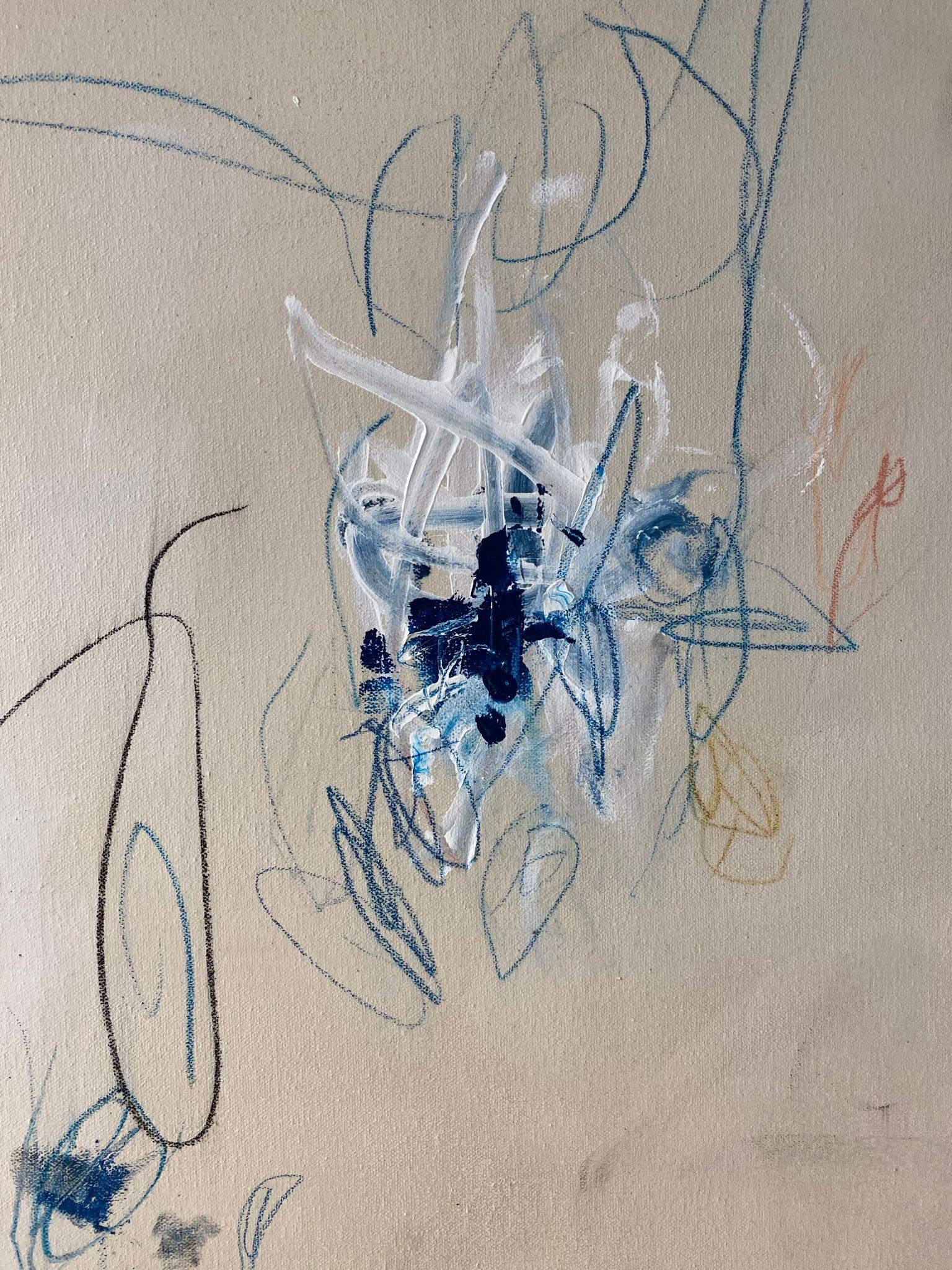 « Adagio in Blue » - Acrylique à grande échelle, pastels d'huile, crayons, bleu abstrait 72x96 - Gris Abstract Painting par Karina Gentinetta