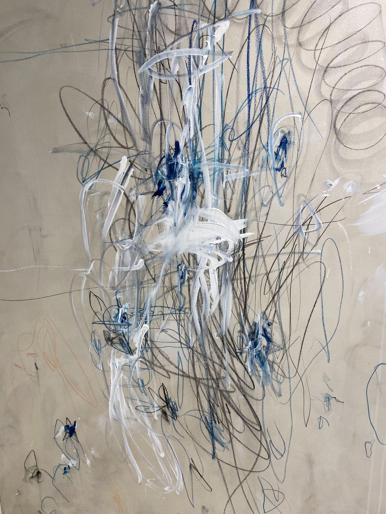 « Adagio in Blue » - Acrylique à grande échelle, pastels d'huile, crayons, bleu abstrait 72x96 en vente 4