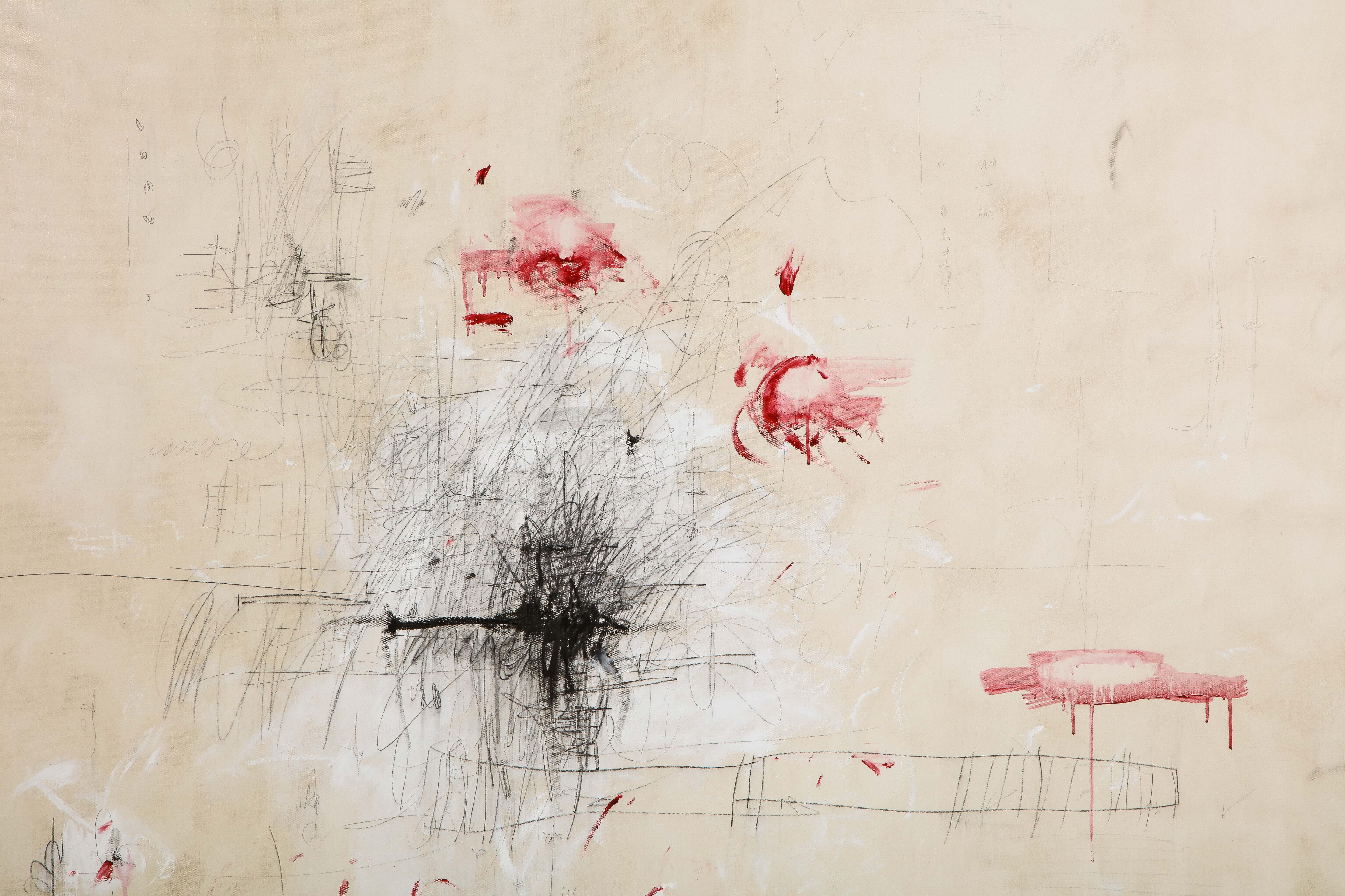 Großes Gemälde „Amore“ in Elfenbein-:: Weiß-:: Schwarz- und Rottönen:: 2::44 m x 3::66 m (Abstrakter Expressionismus), Painting, von Karina Gentinetta