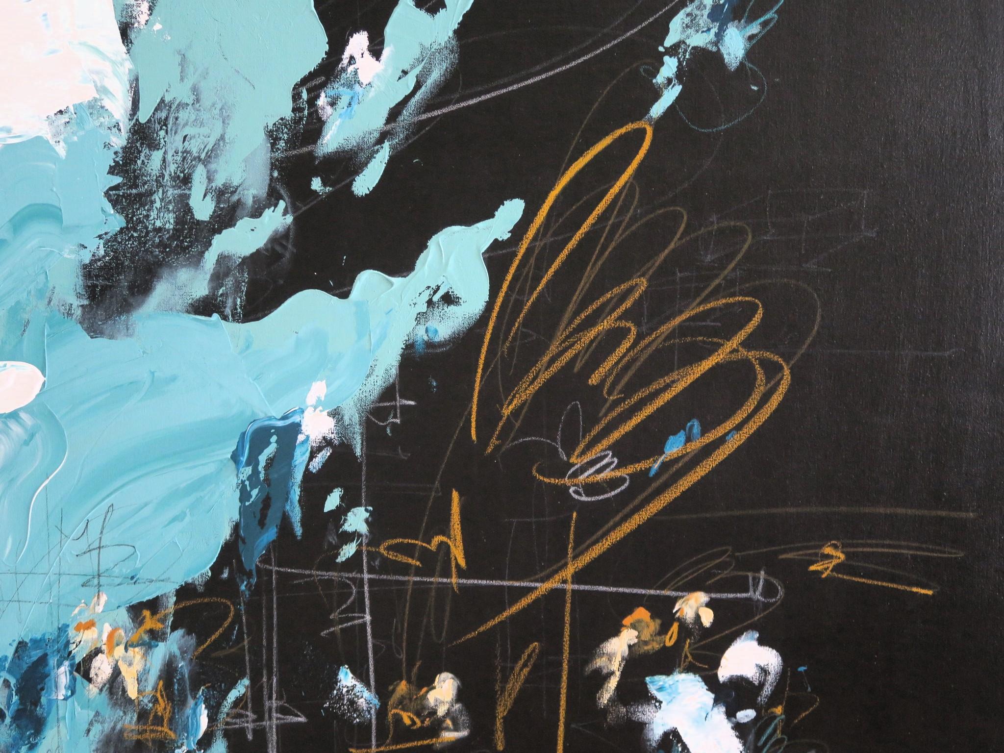 Abstraktes Gemälde „Bodacious“ Großes schwarzes, blaues, mintfarbenes, weißes, rohes Siena 72