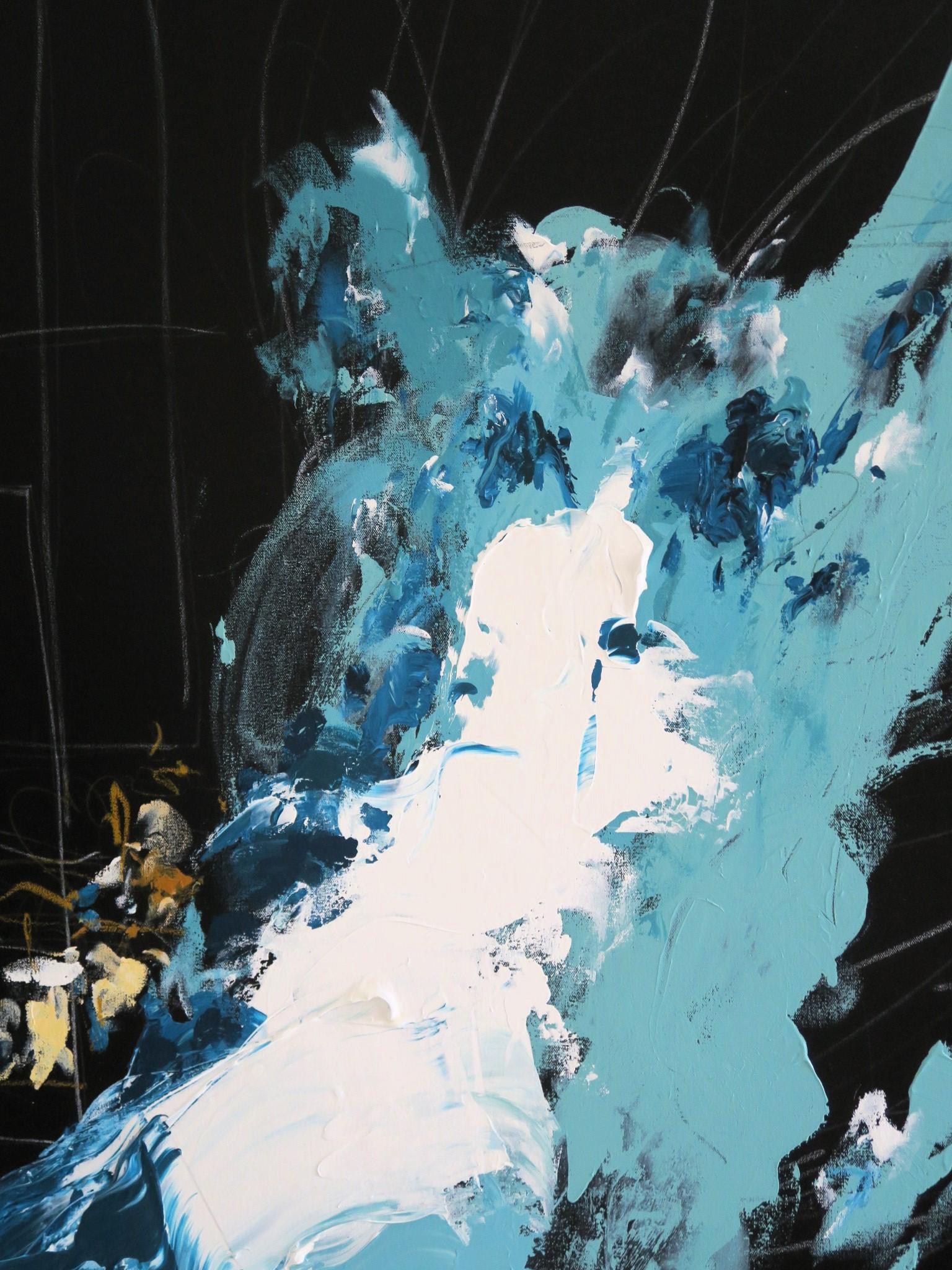 Abstraktes Gemälde „Bodacious“ Großes schwarzes, blaues, mintfarbenes, weißes, rohes Siena 72