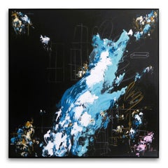 Abstraktes Gemälde „Bodacious“ Großes schwarzes, blaues, mintfarbenes, weißes, rohes Siena 72"x72"