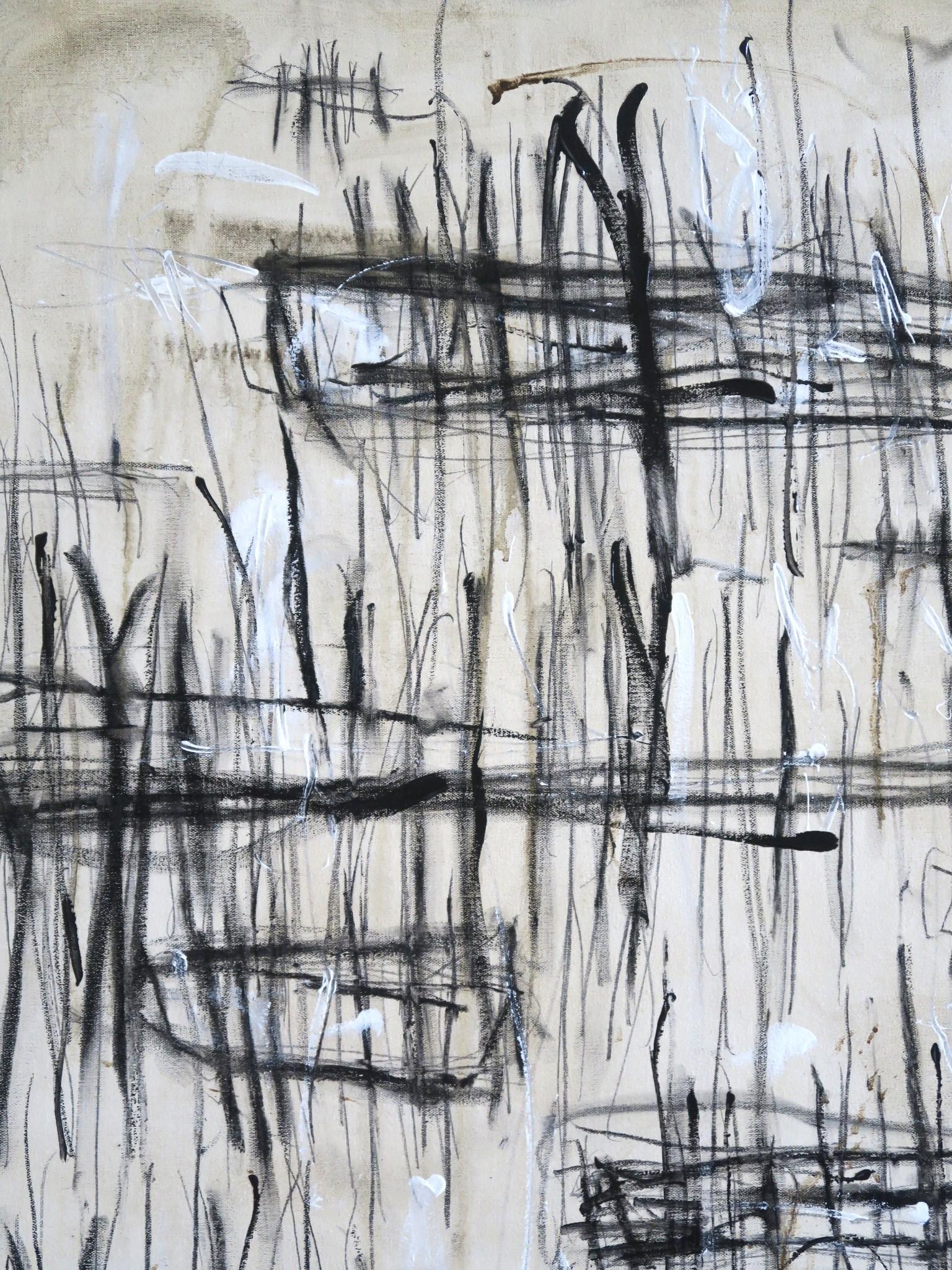 « On Distant Docks » Acrylique, crayons, pastels d'huile dans des teintes blanches et noires 48x72 en vente 6