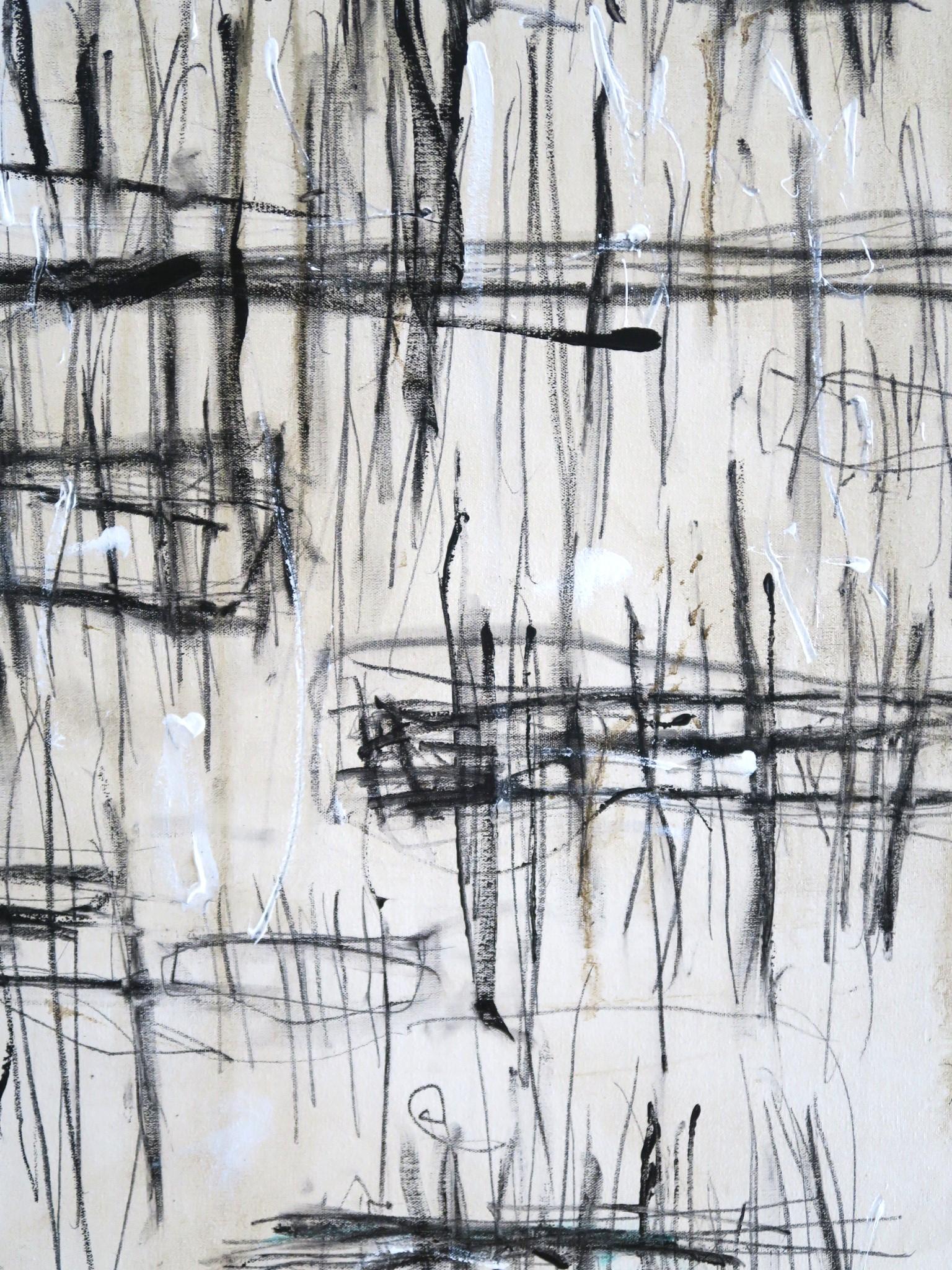 « On Distant Docks » Acrylique, crayons, pastels d'huile dans des teintes blanches et noires 48x72 en vente 7