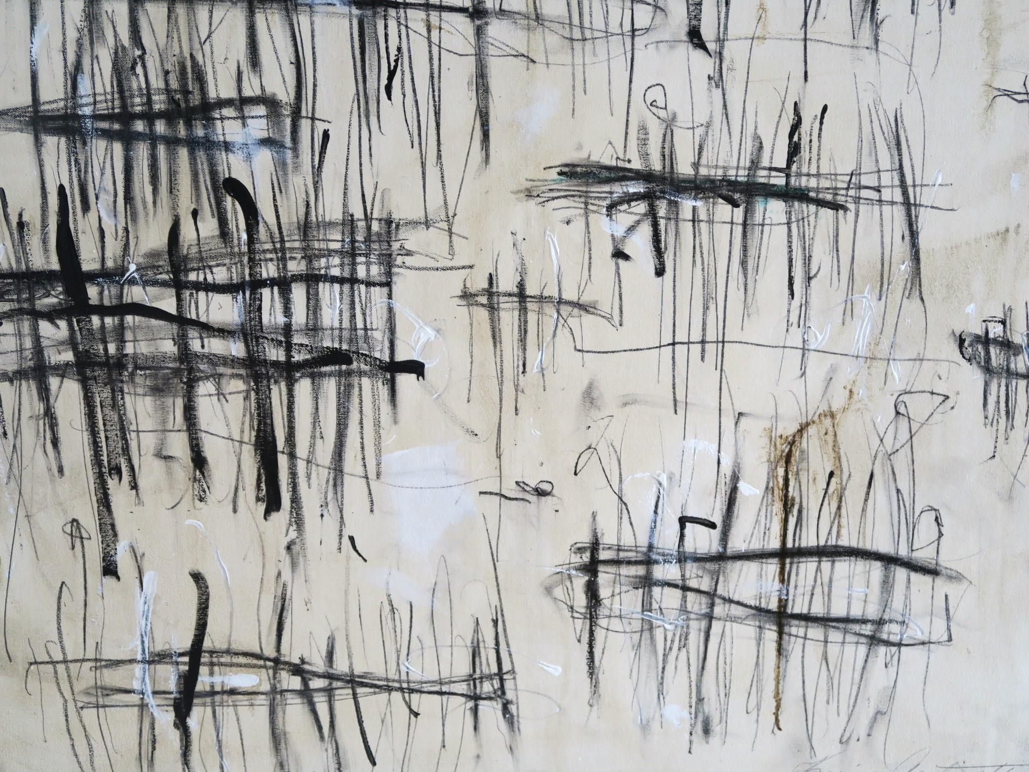 « On Distant Docks » Acrylique, crayons, pastels d'huile dans des teintes blanches et noires 48x72 en vente 8