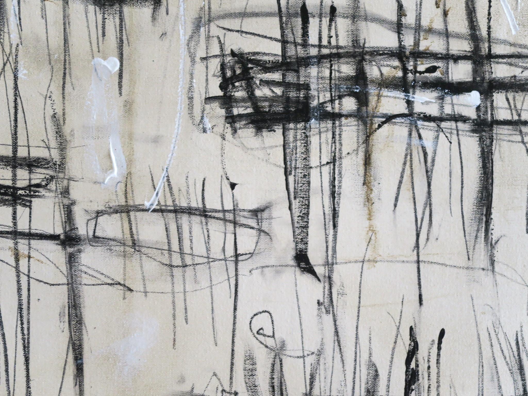« On Distant Docks » Acrylique, crayons, pastels d'huile dans des teintes blanches et noires 48x72 en vente 10
