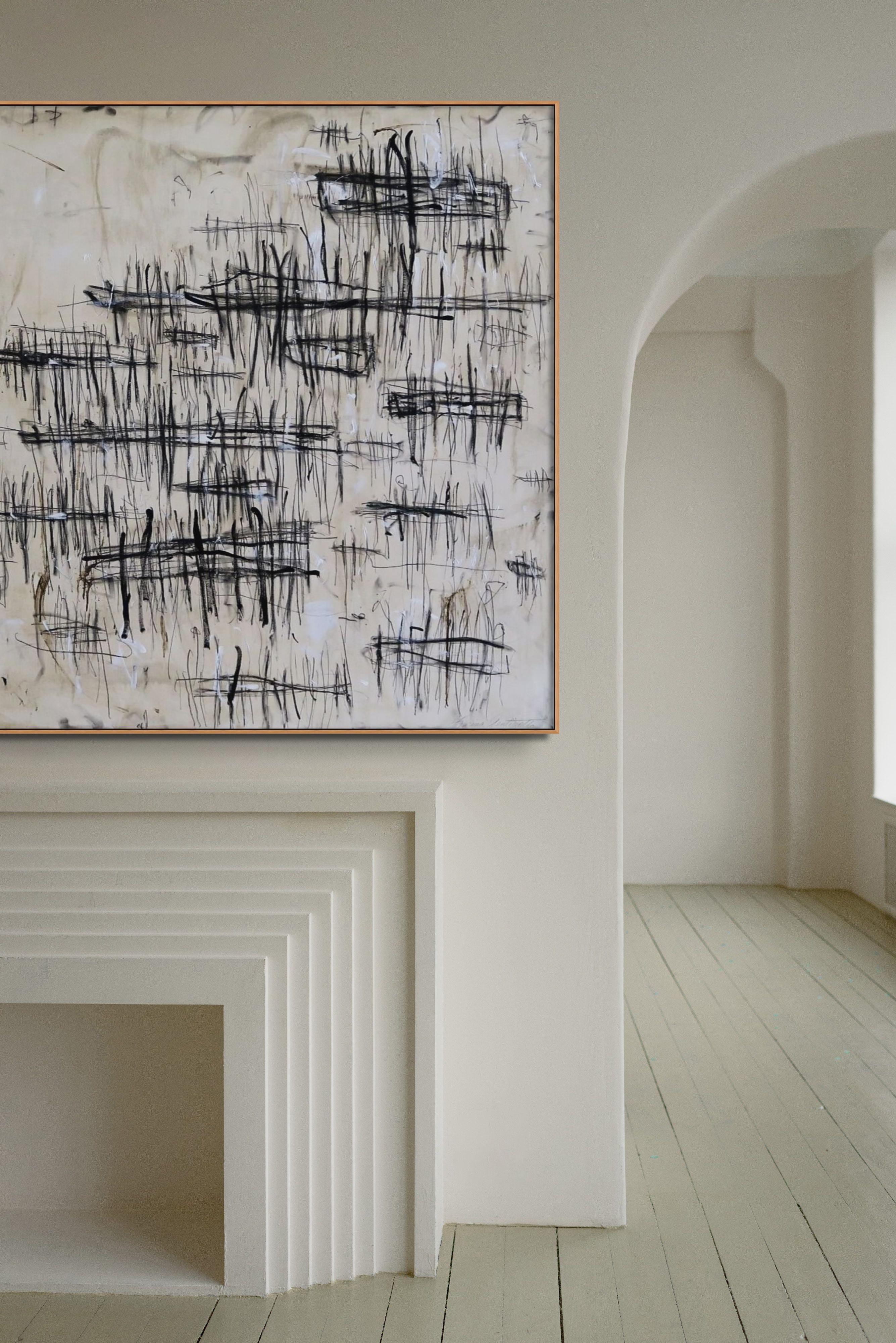 « On Distant Docks » Acrylique, crayons, pastels d'huile dans des teintes blanches et noires 48x72 - Expressionnisme abstrait Painting par Karina Gentinetta