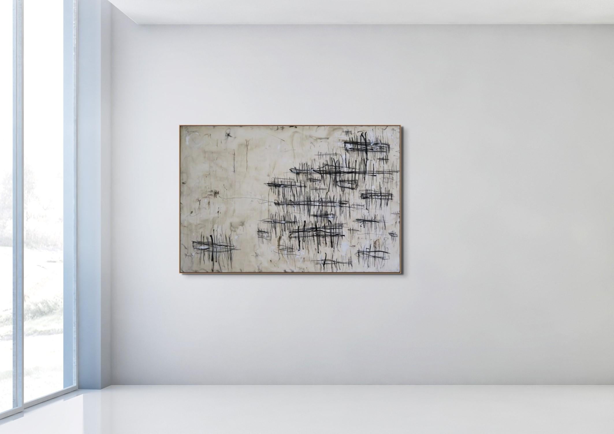 „On Distant Docks“ Acryl, Bleistift, Ölpastell in Weiß- und Schwarztönen, 48x72 – Painting von Karina Gentinetta
