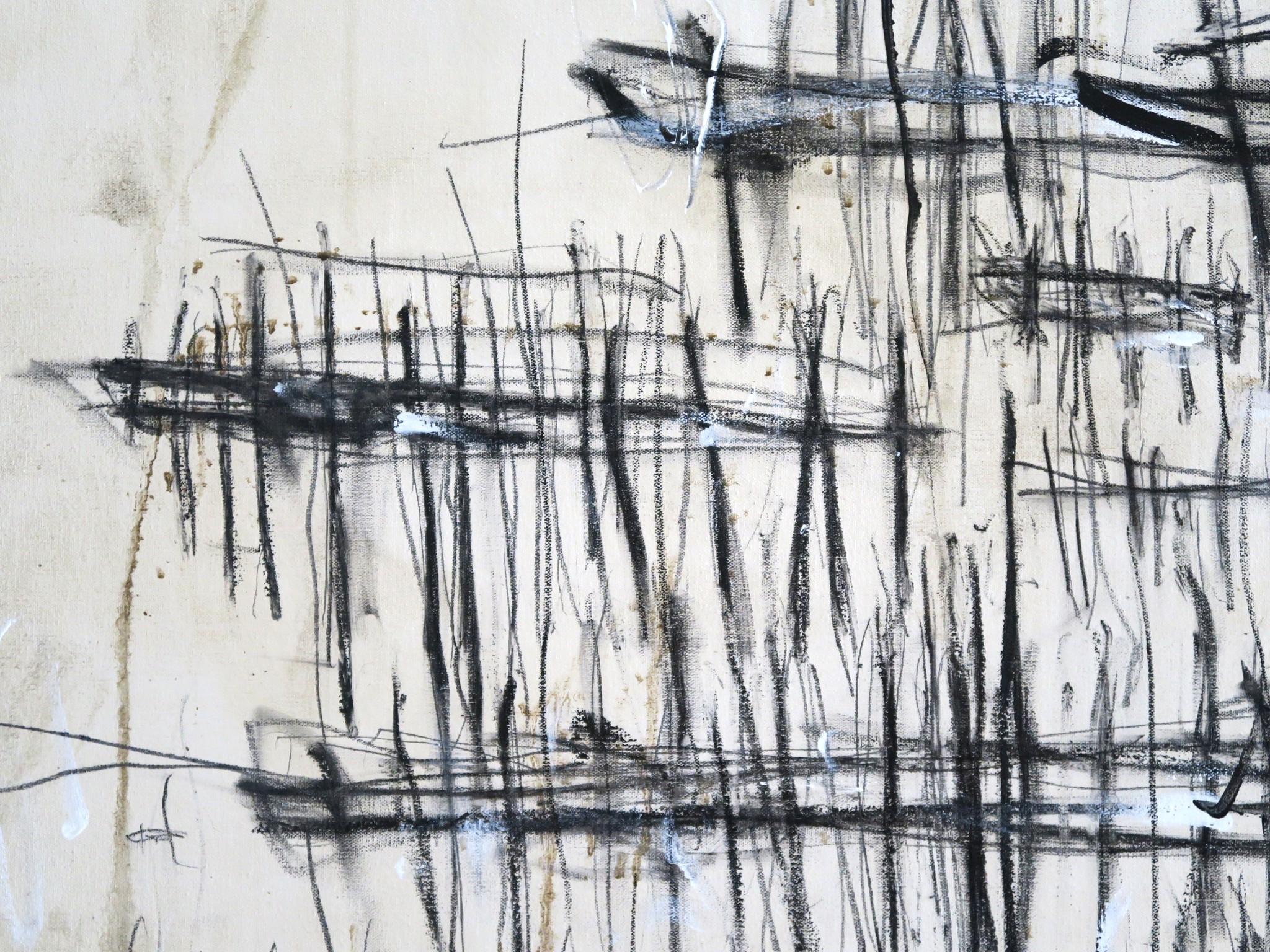 « On Distant Docks » Acrylique, crayons, pastels d'huile dans des teintes blanches et noires 48x72 en vente 2