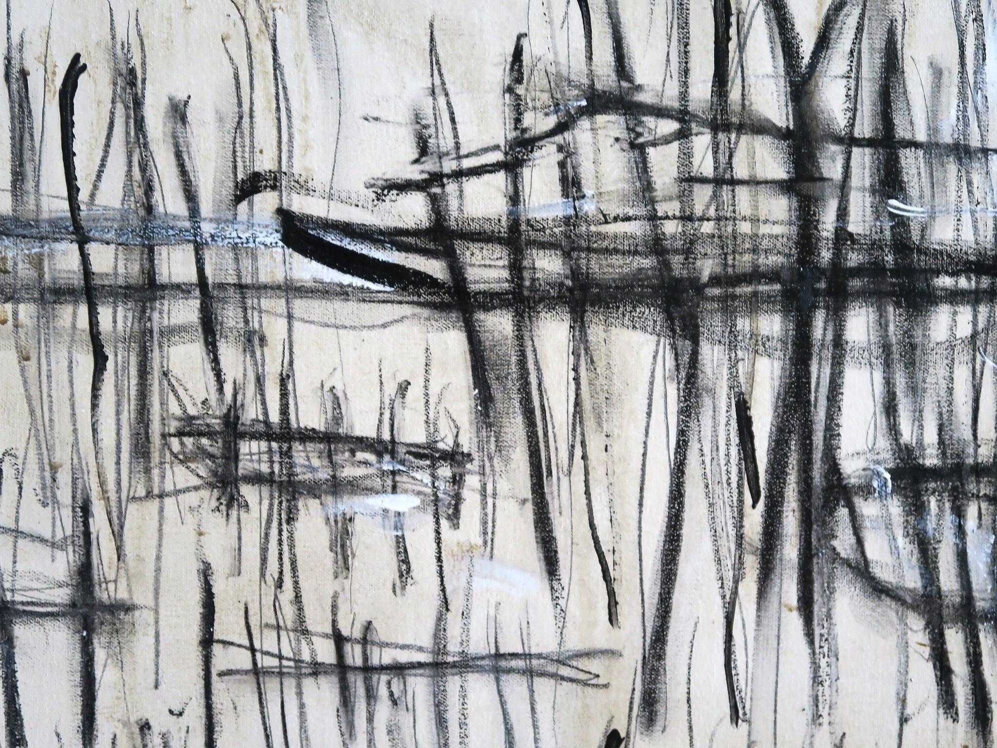« On Distant Docks » Acrylique, crayons, pastels d'huile dans des teintes blanches et noires 48x72 en vente 4