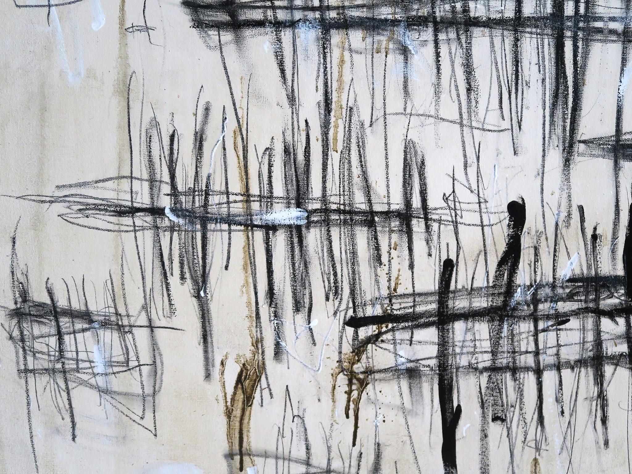 « On Distant Docks » Acrylique, crayons, pastels d'huile dans des teintes blanches et noires 48x72 en vente 5