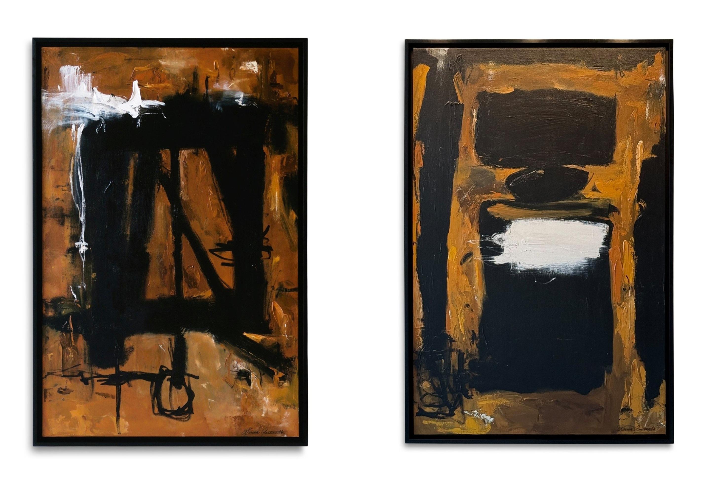 "Earth Tone I &amp; II" 2026, 42" H x 28" W each, is a pair of contemporary vertical abstract paintings framed in black gallery floater frames by Argentine-born artist Karina Gentinetta, created as part of her new Earthen Series, unveiled in Paris