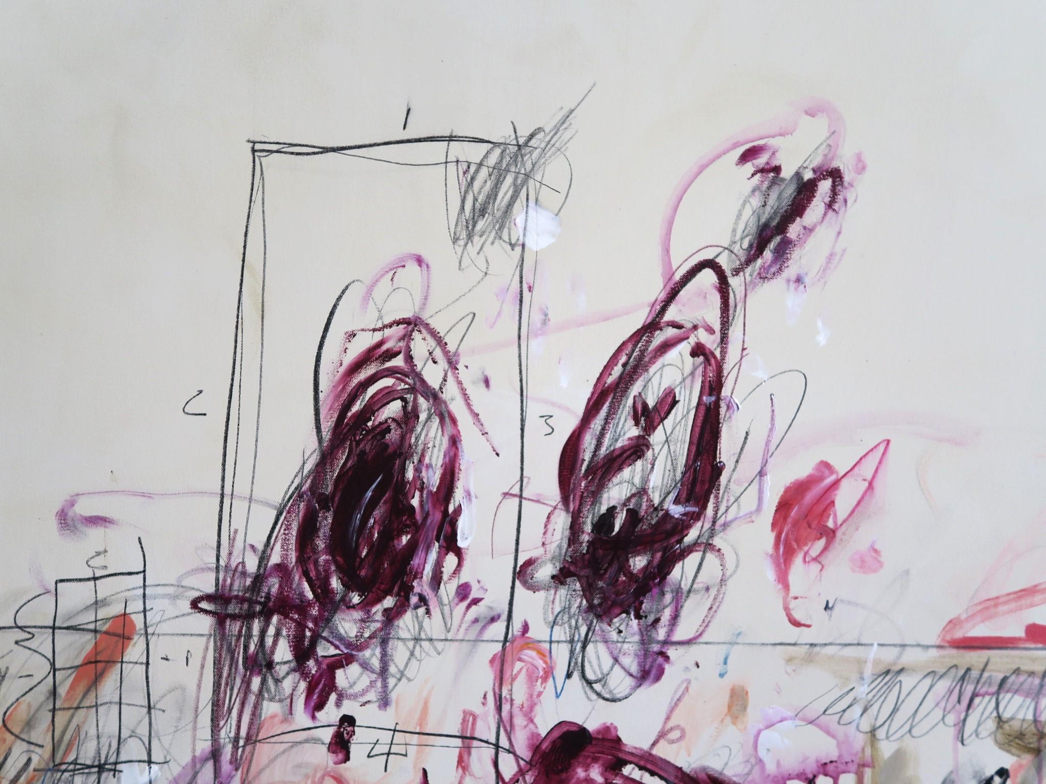 „Ebullient“ Großformatiges abstraktes Gemälde aus Acryl, Ölpastell und Bleistift, abstrakt, 72