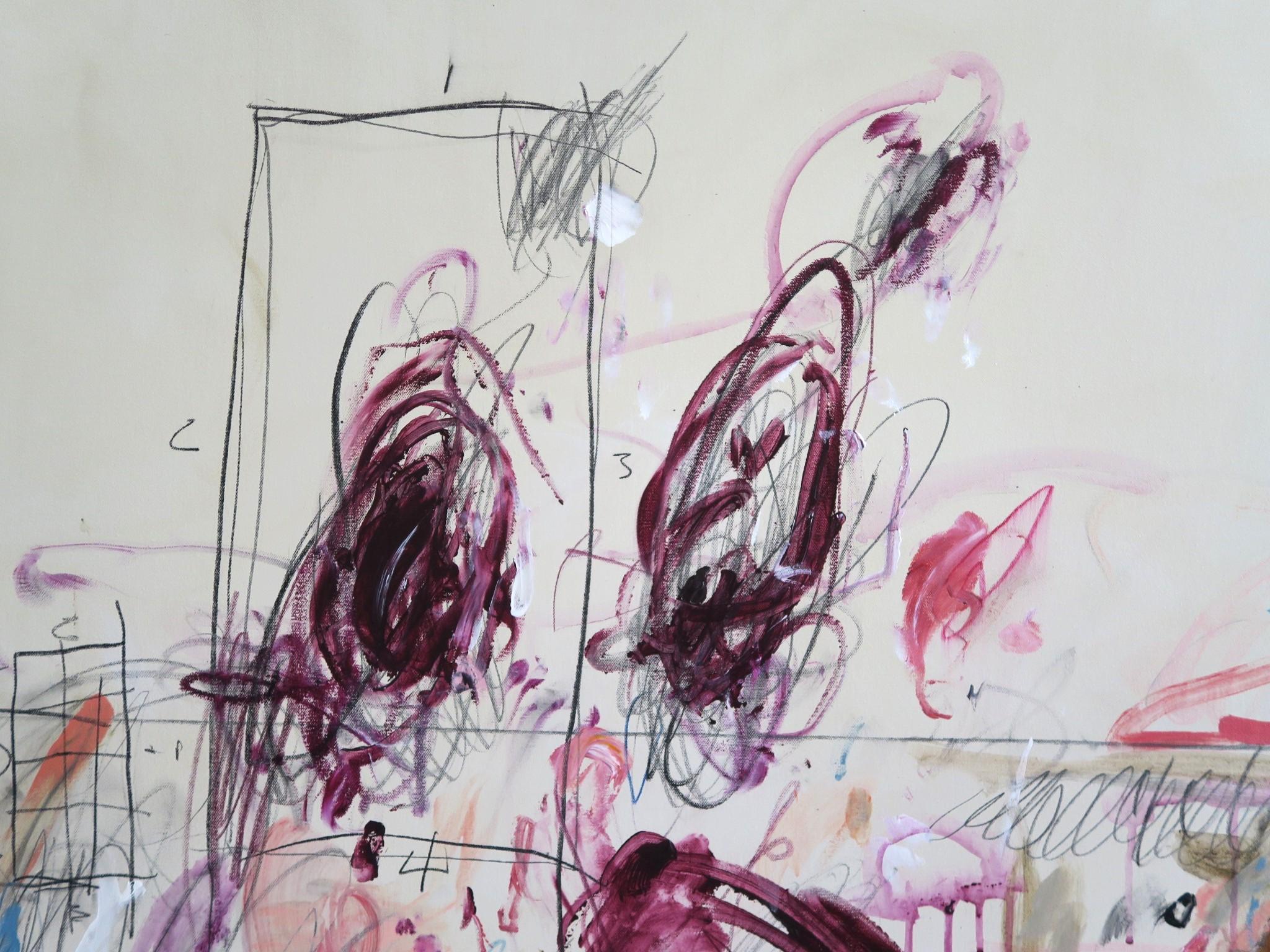 „Ebullient“ Großformatiges abstraktes Gemälde aus Acryl, Ölpastell und Bleistift, abstrakt, 72