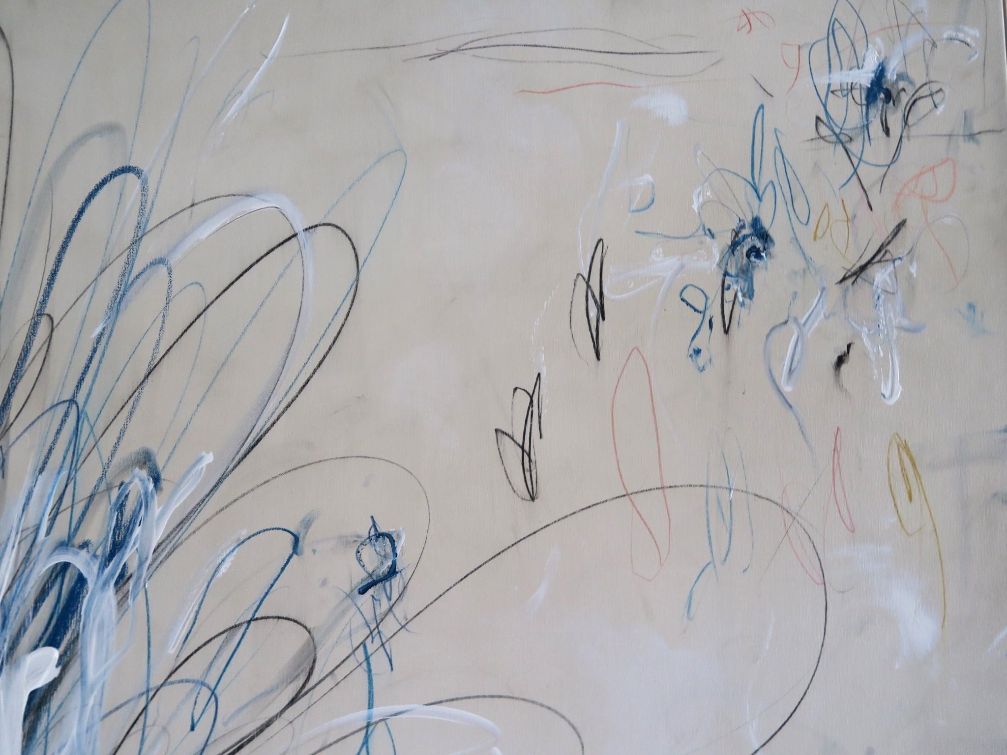 « Interlude » - Grand acrylique, pastels d'huile et crayons abstraits dans une teinte bleue 72x60 6