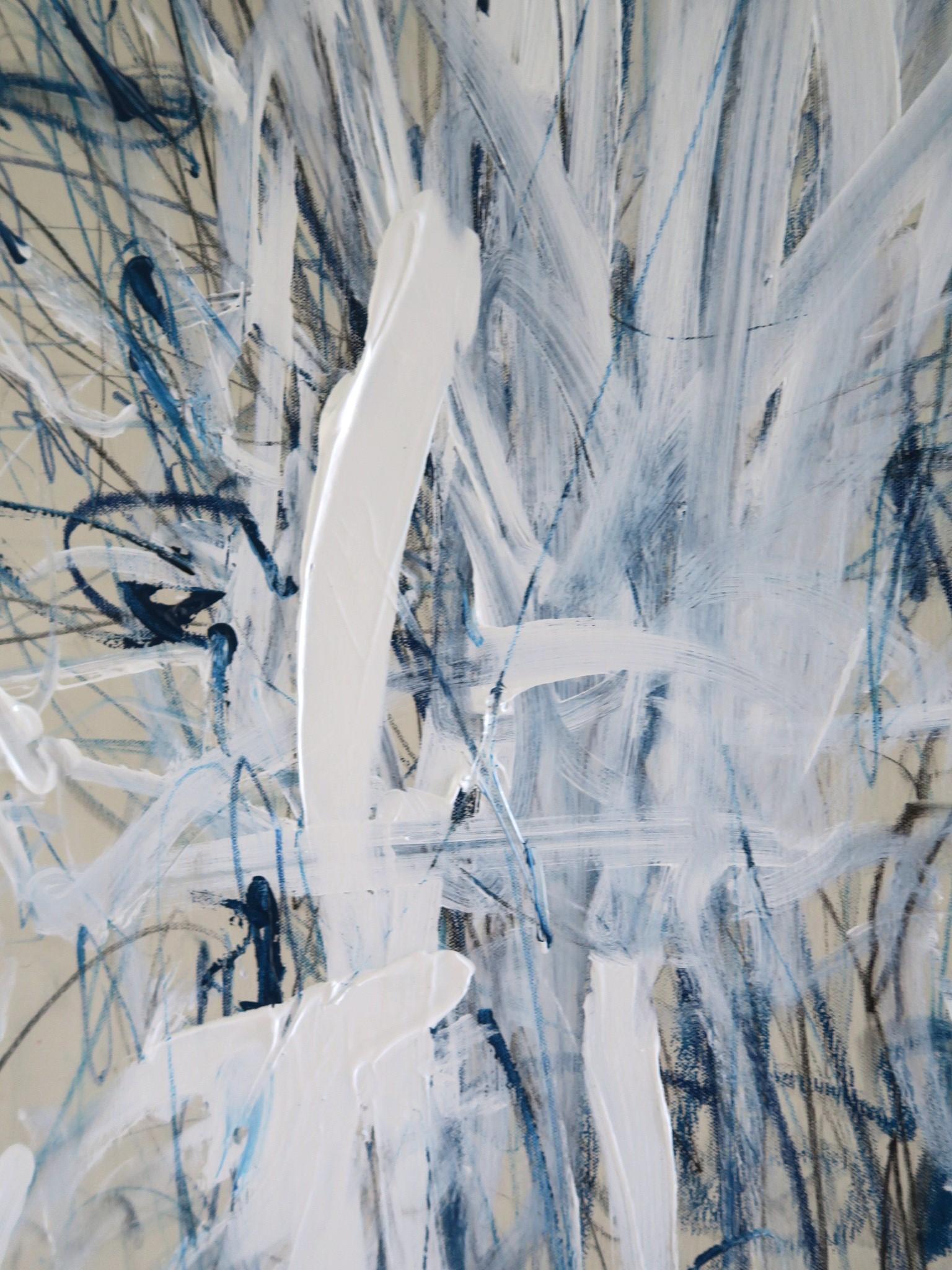 « Interlude » - Grand acrylique, pastels d'huile et crayons abstraits dans une teinte bleue 72x60 en vente 7