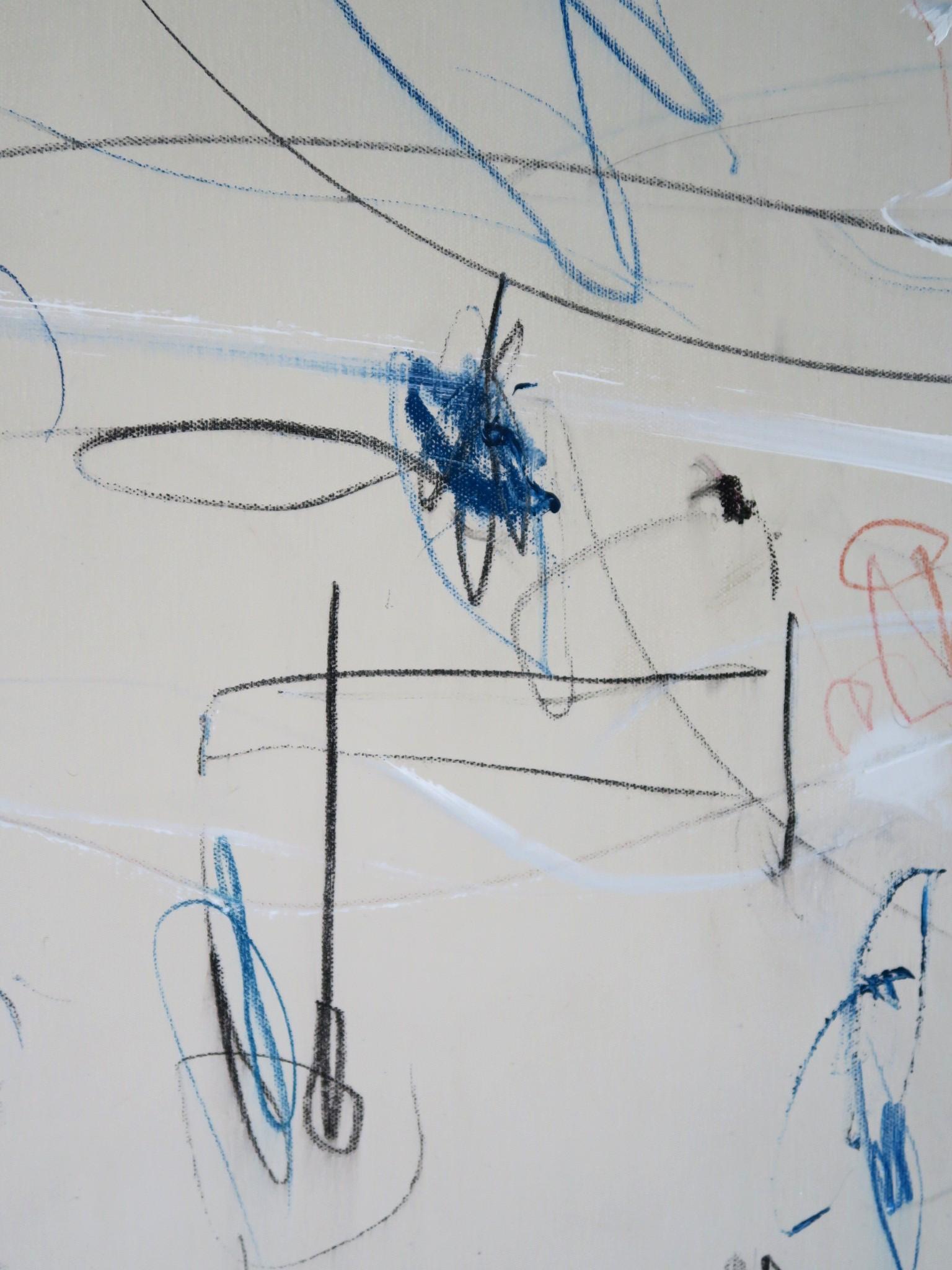 « Interlude » - Grand acrylique, pastels d'huile et crayons abstraits dans une teinte bleue 72x60 11