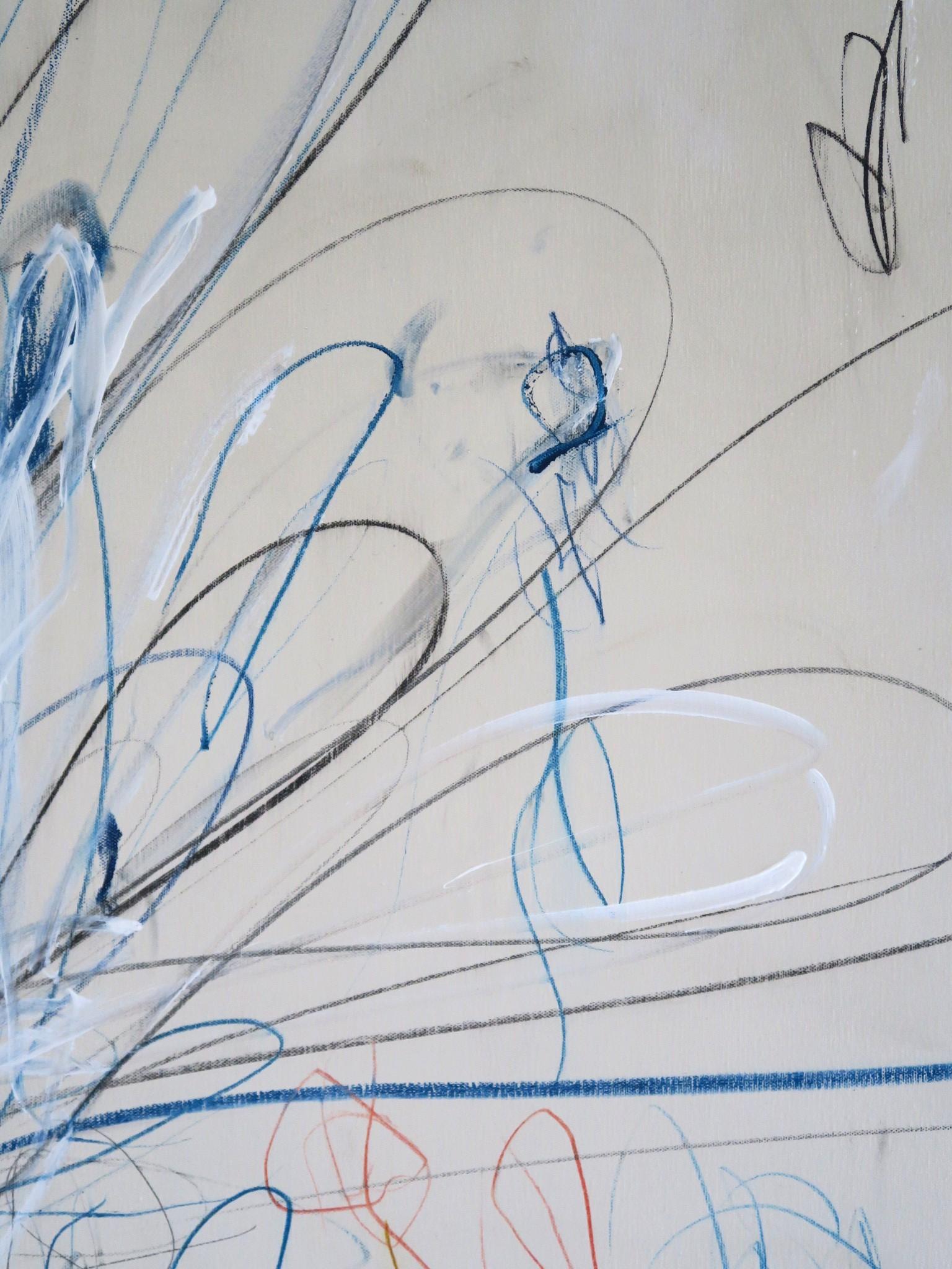« Interlude » - Grand acrylique, pastels d'huile et crayons abstraits dans une teinte bleue 72x60 en vente 14