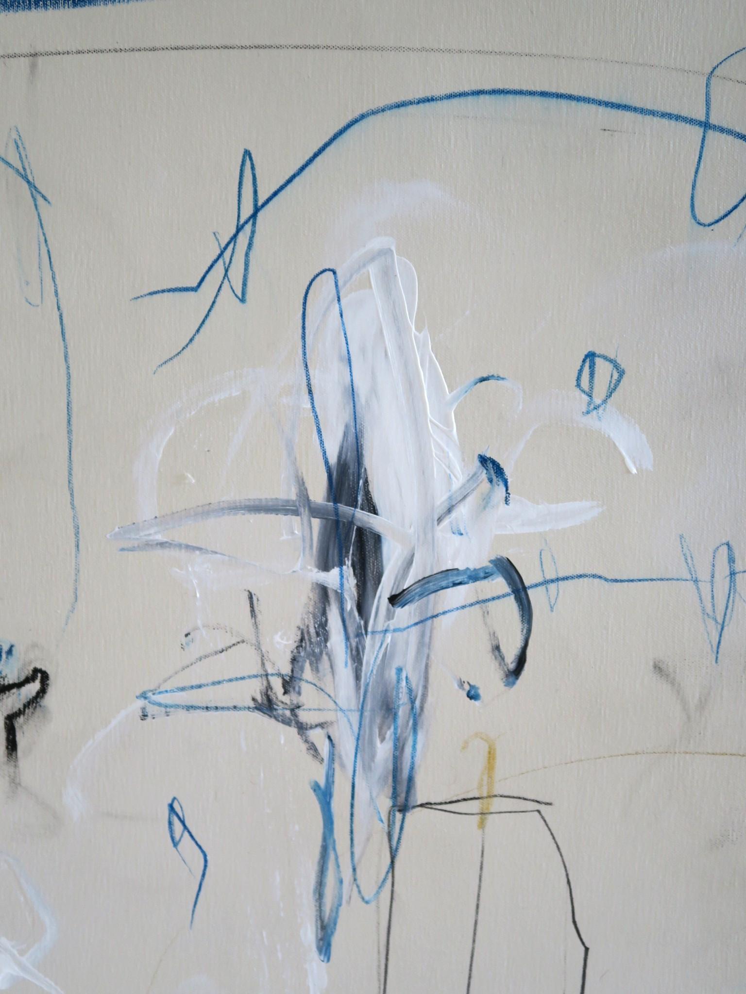 « Interlude » - Grand acrylique, pastels d'huile et crayons abstraits dans une teinte bleue 72x60 en vente 15