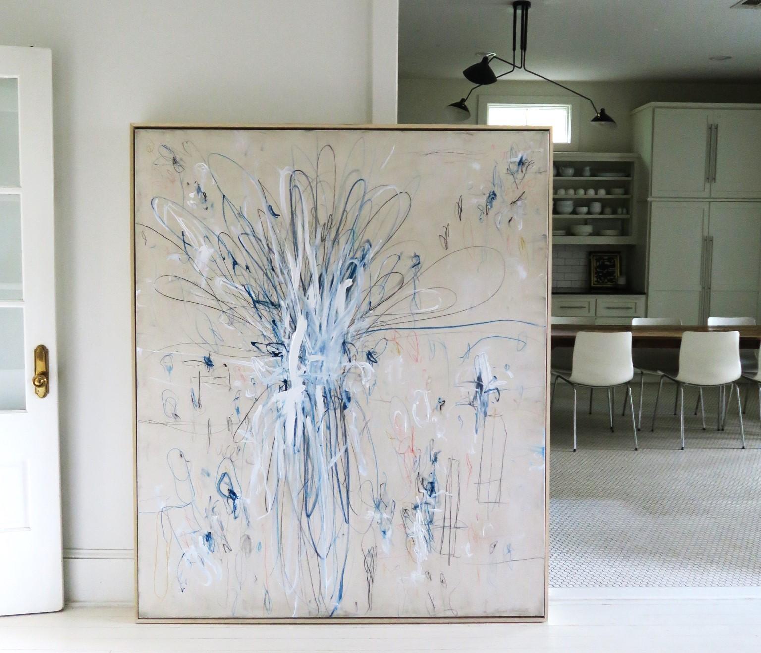 „Interlude“ Großes Acryl, Ölpastell und Bleistift Abstrakt in blauem Farbton 72x60 (Abstrakter Expressionismus), Painting, von Karina Gentinetta