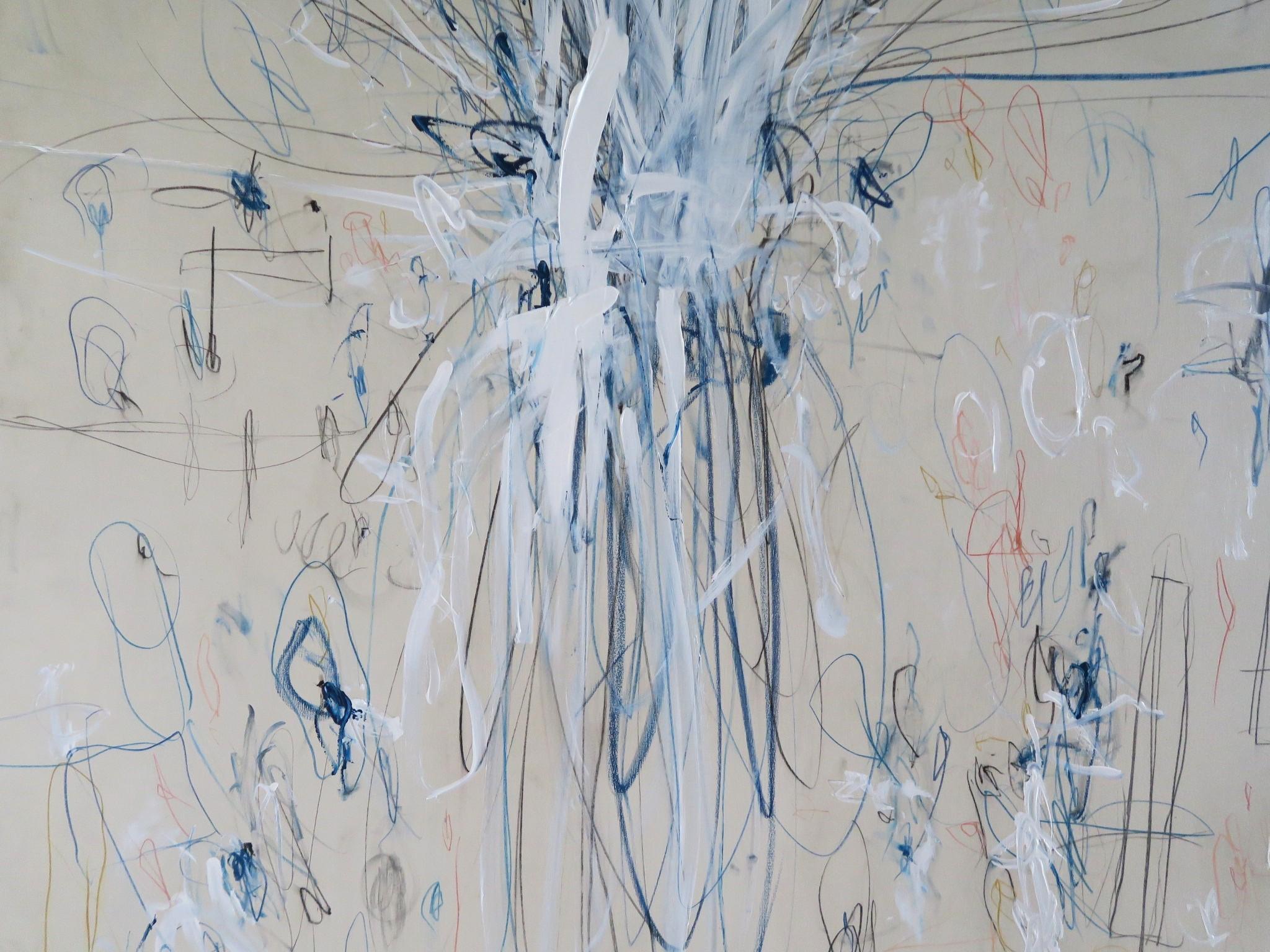 « Interlude » - Grand acrylique, pastels d'huile et crayons abstraits dans une teinte bleue 72x60 en vente 1
