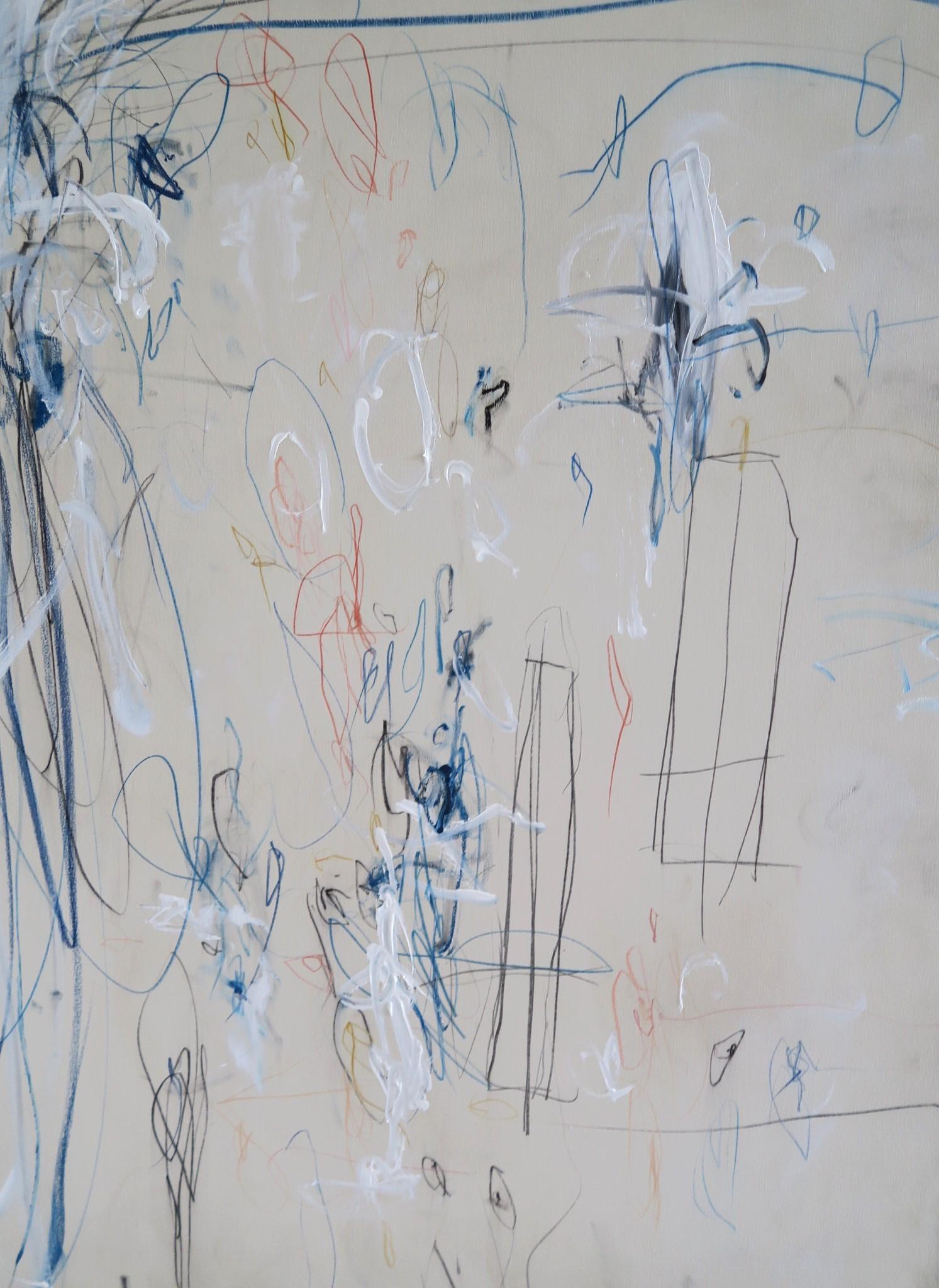 „Interlude“ Großes Acryl, Ölpastell und Bleistift Abstrakt in blauem Farbton 72x60 im Angebot 2
